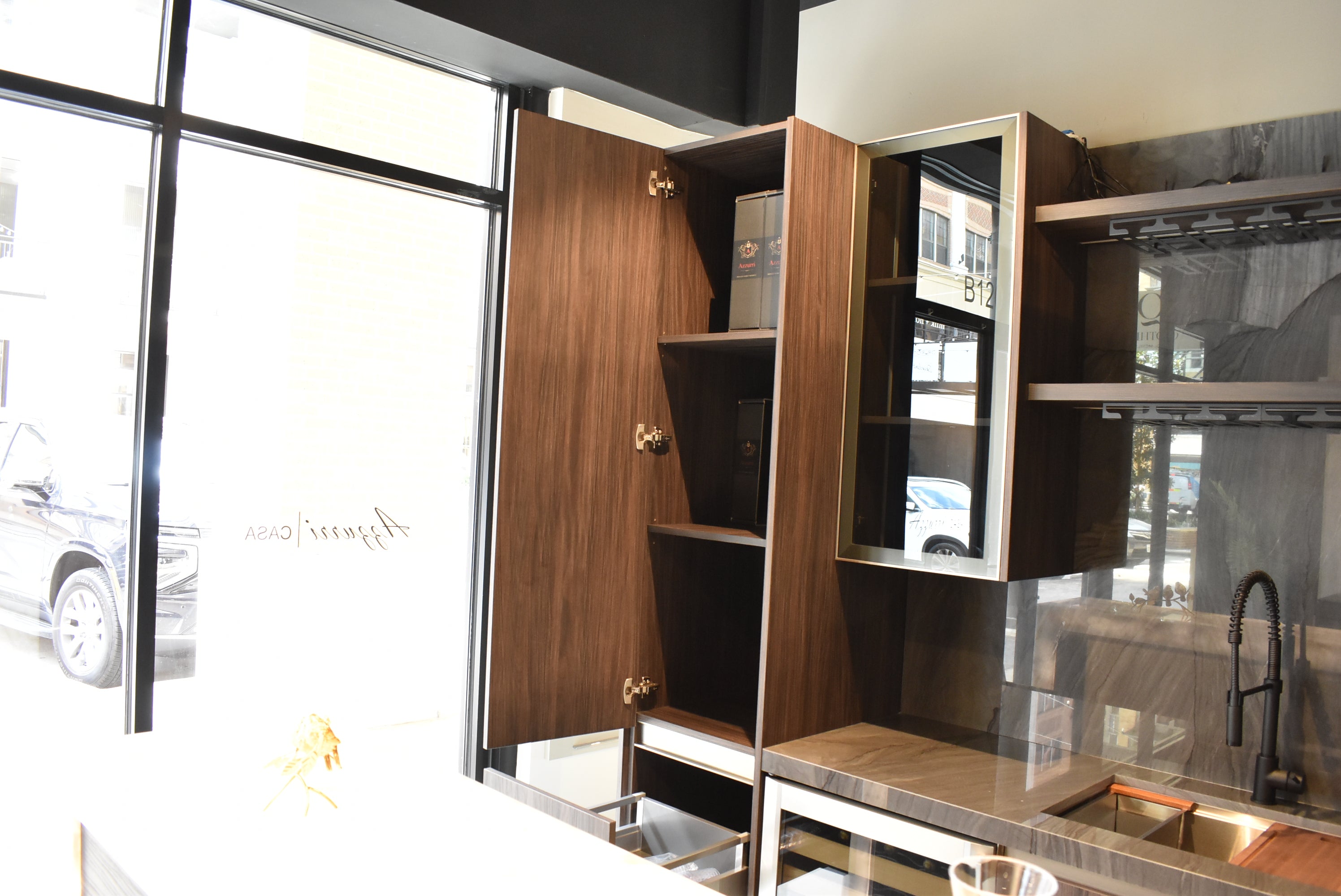 Azzurri Casa Modern Wood Paneled Wet Wine Bar with Wine Wall and Onyx Countertops