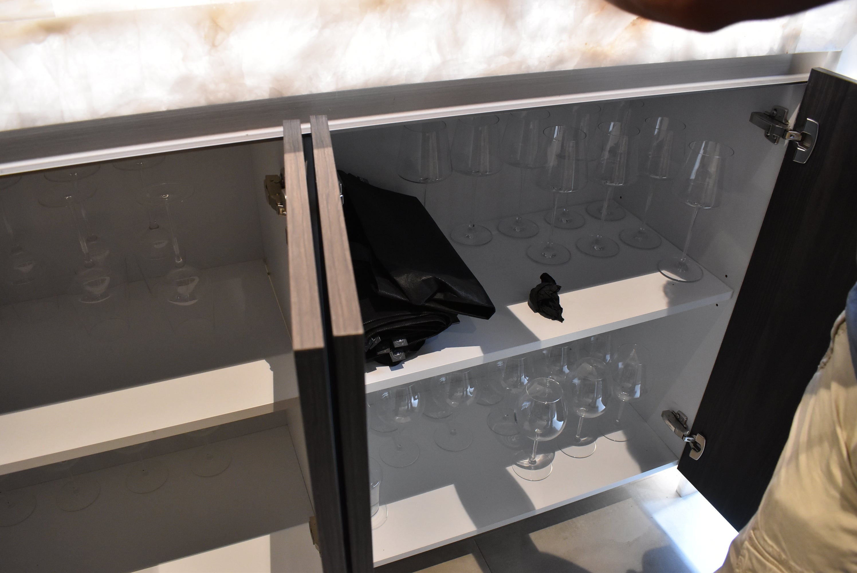 Azzurri Casa Modern Wood Paneled Wet Wine Bar with Wine Wall and Onyx Countertops