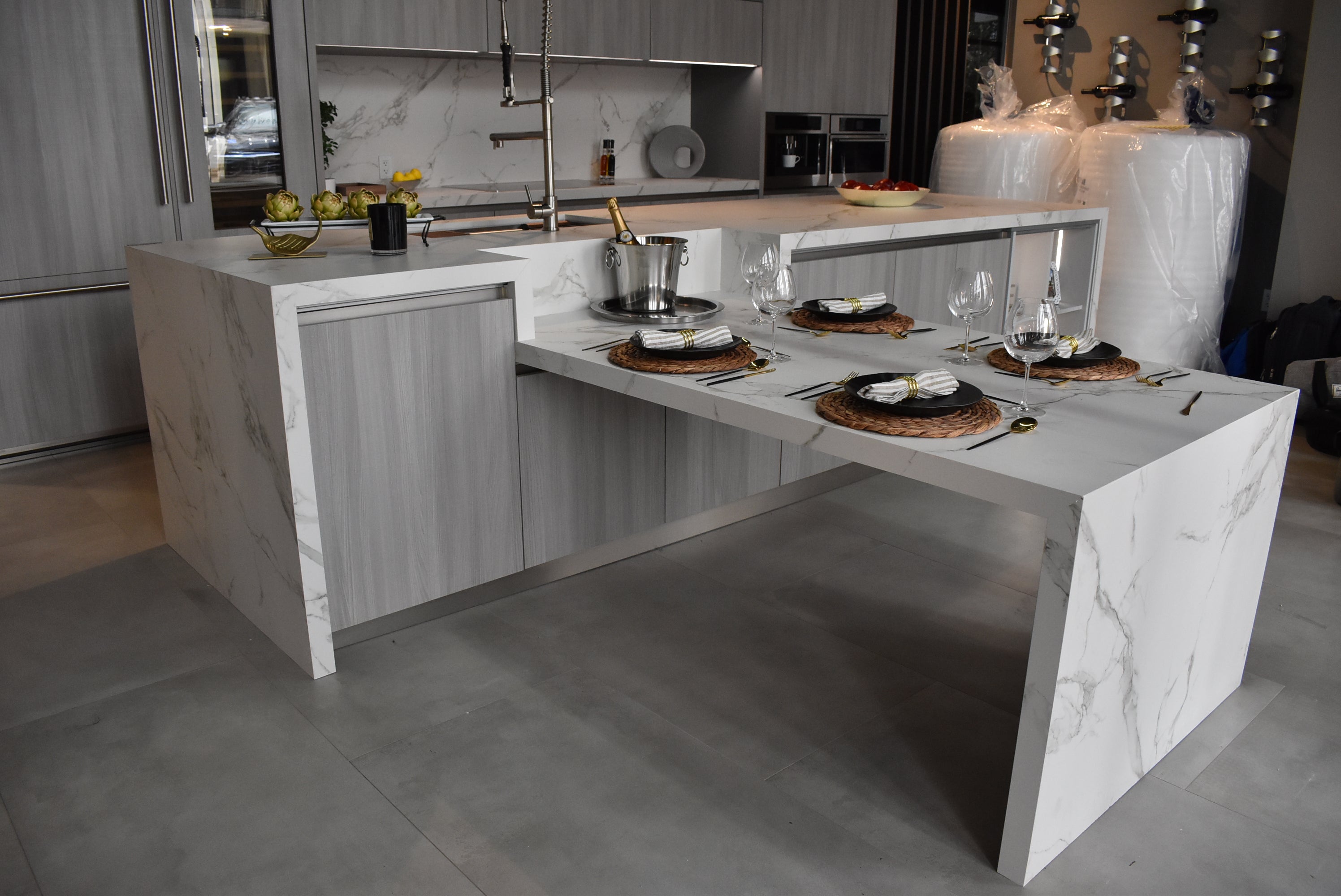 Azzurri Casa Light Grey Italian Style Modern Kitchen with Dekton Countertops and Fulgor Milano Appliances