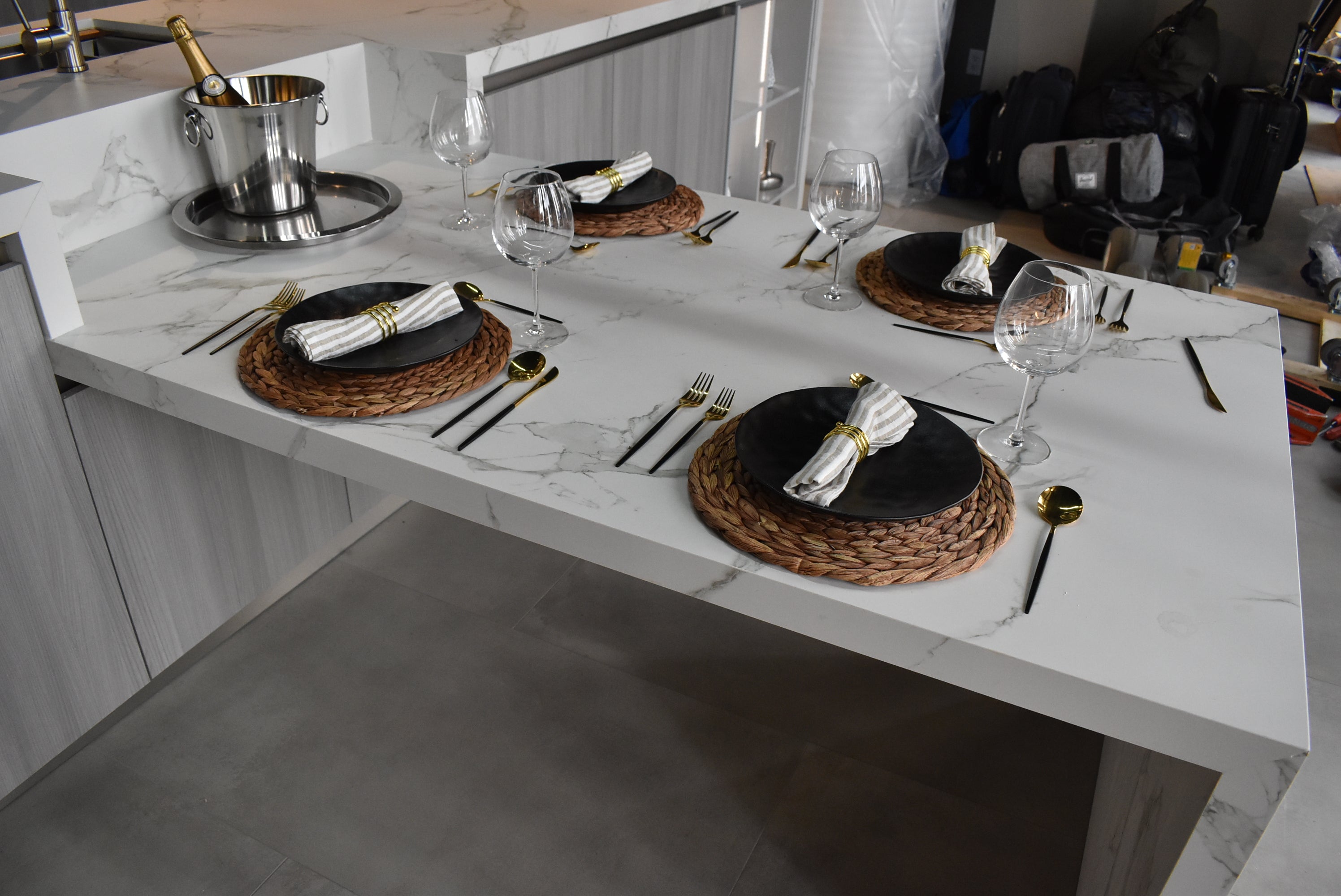 Azzurri Casa Light Grey Italian Style Modern Kitchen with Dekton Countertops and Fulgor Milano Appliances