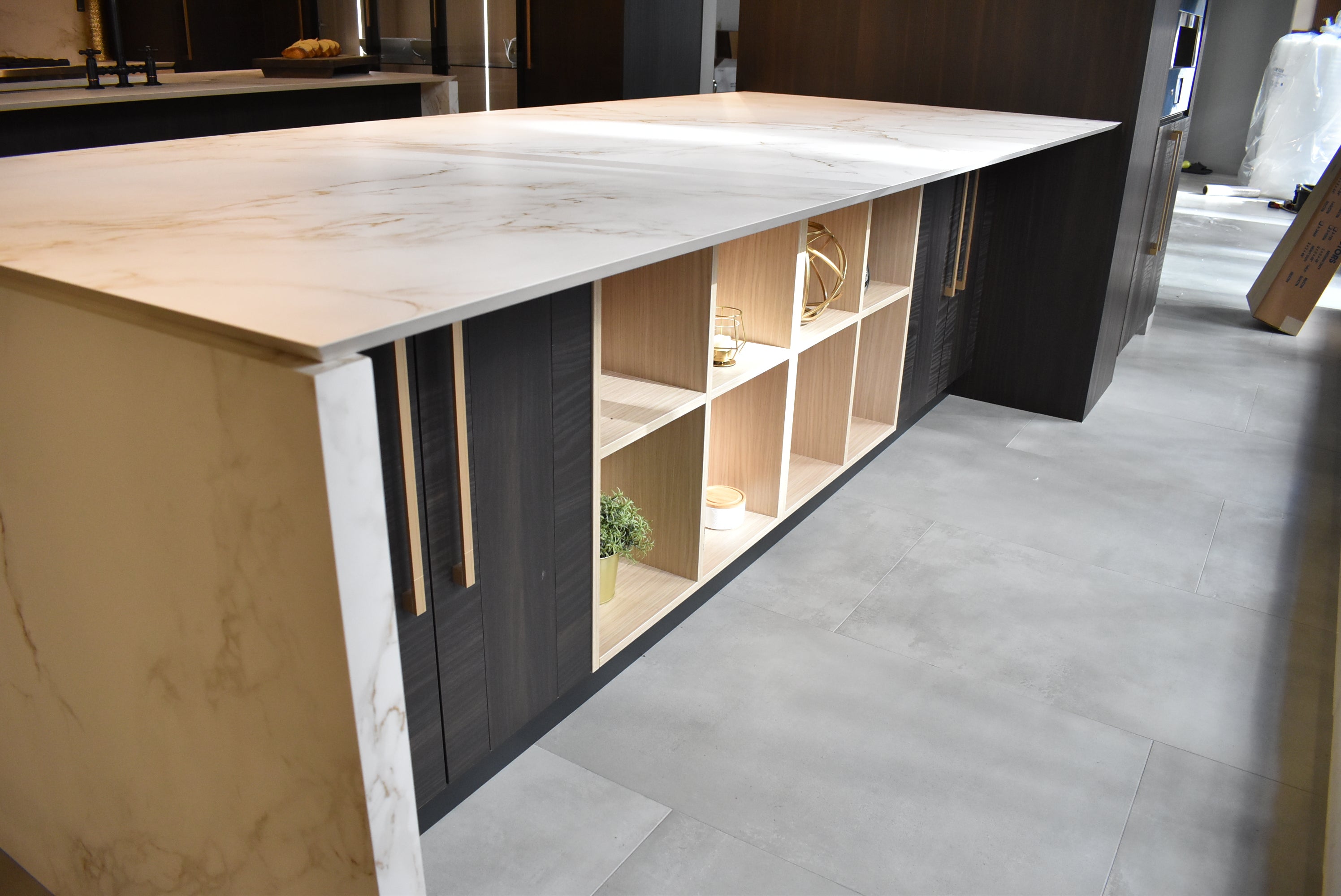 Azzurri Casa Transitional Kitchen with Double Waterfall Island, Dekton Countertops & Monogram Appliances