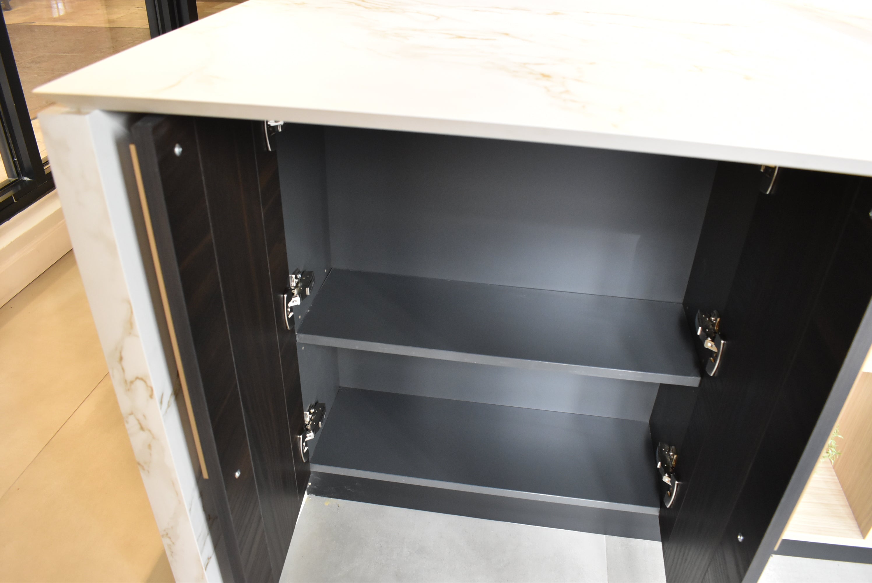 Azzurri Casa Transitional Kitchen with Double Waterfall Island, Dekton Countertops & Monogram Appliances