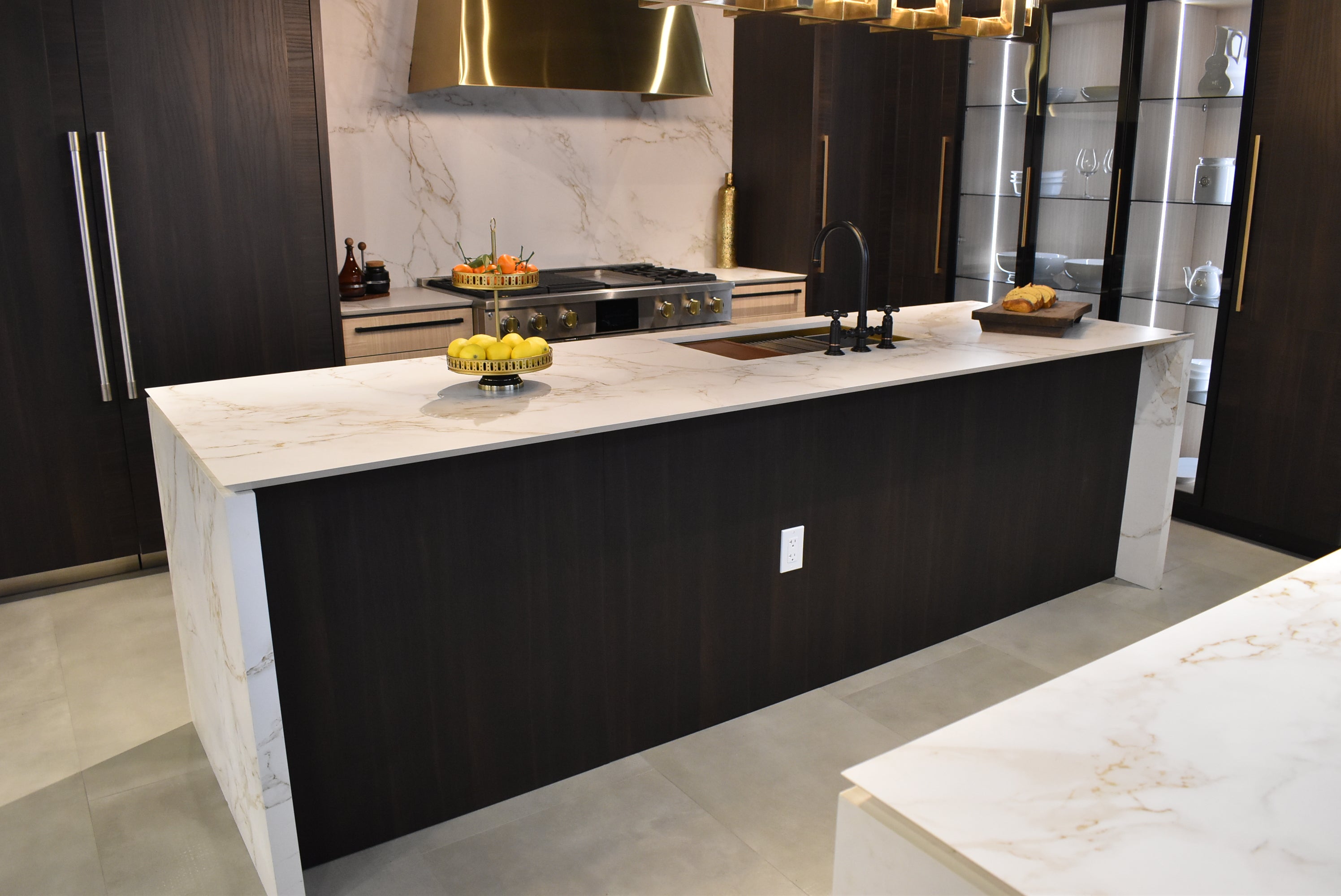 Azzurri Casa Transitional Kitchen with Double Waterfall Island, Dekton Countertops & Monogram Appliances