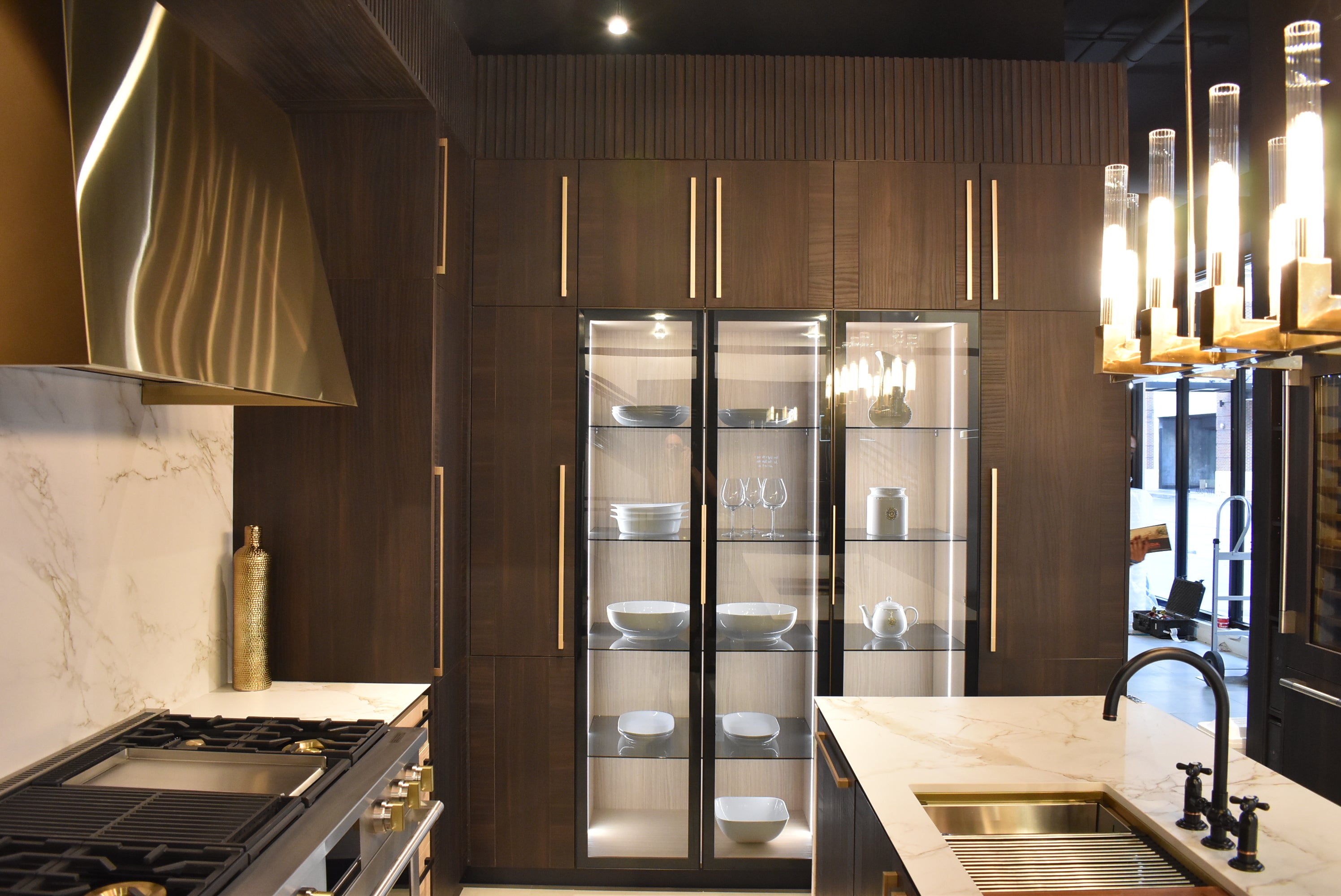 Azzurri Casa Transitional Kitchen with Double Waterfall Island, Dekton Countertops & Monogram Appliances