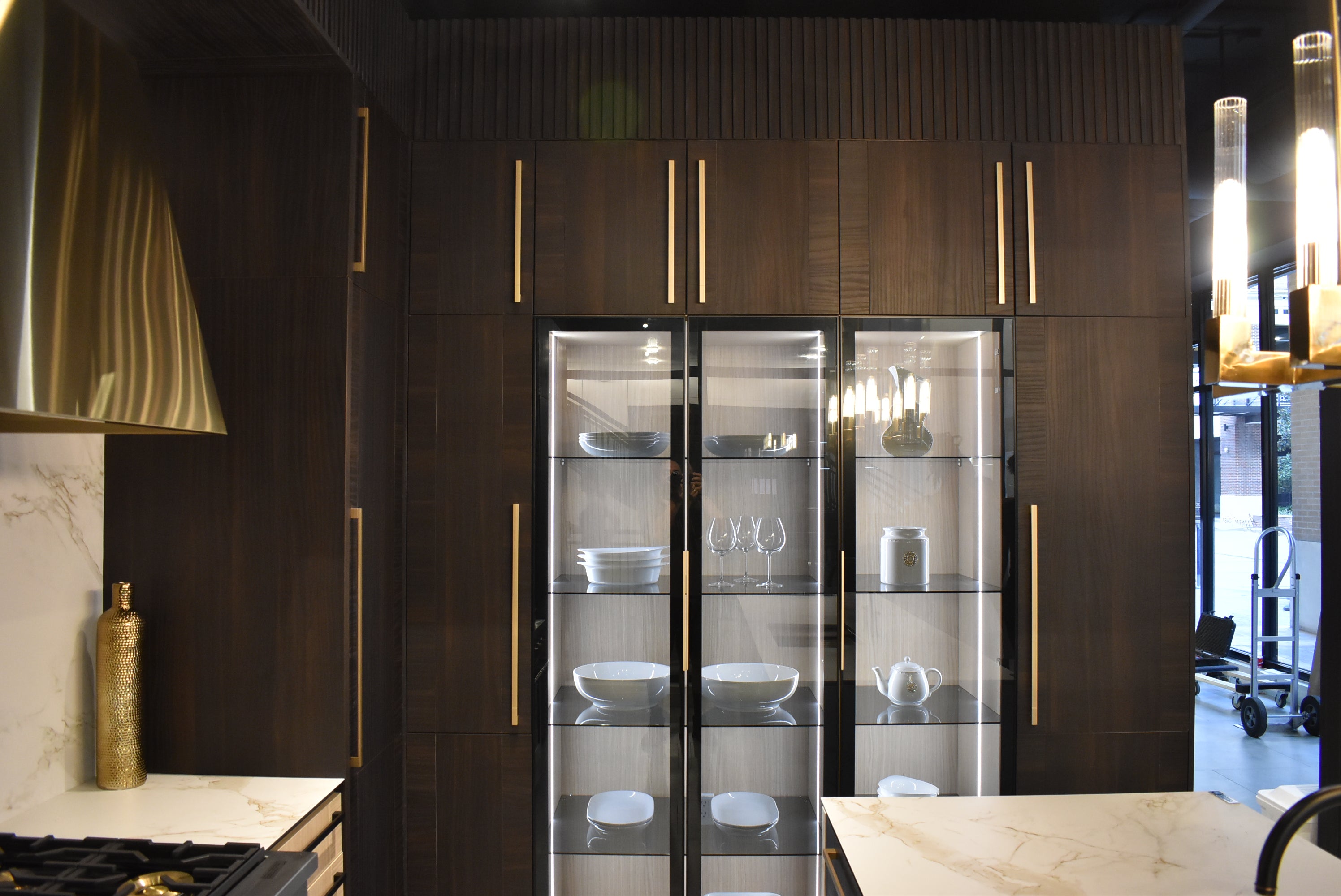 Azzurri Casa Transitional Kitchen with Double Waterfall Island, Dekton Countertops & Monogram Appliances