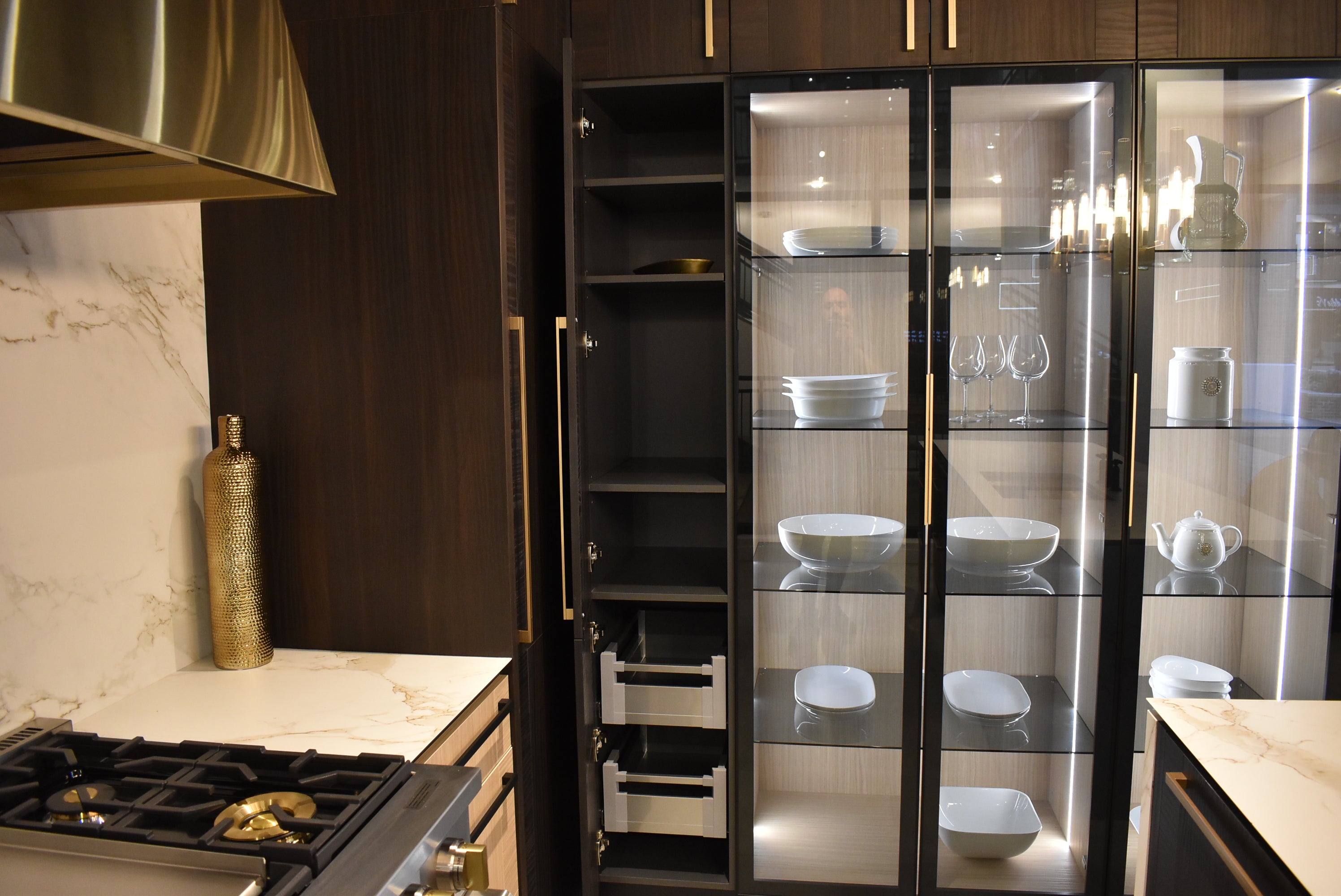 Azzurri Casa Transitional Kitchen with Double Waterfall Island, Dekton Countertops & Monogram Appliances