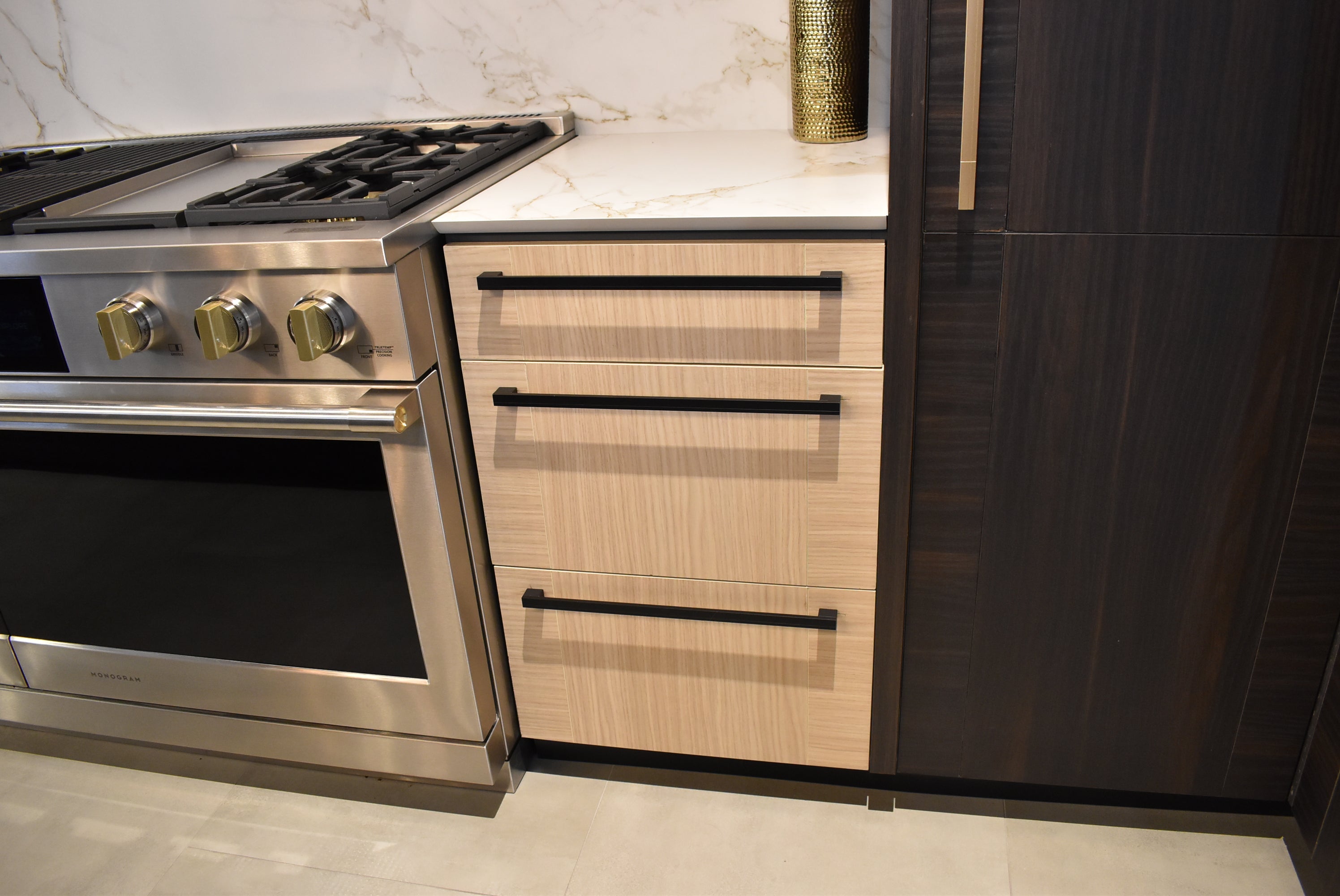 Azzurri Casa Transitional Kitchen with Double Waterfall Island, Dekton Countertops & Monogram Appliances