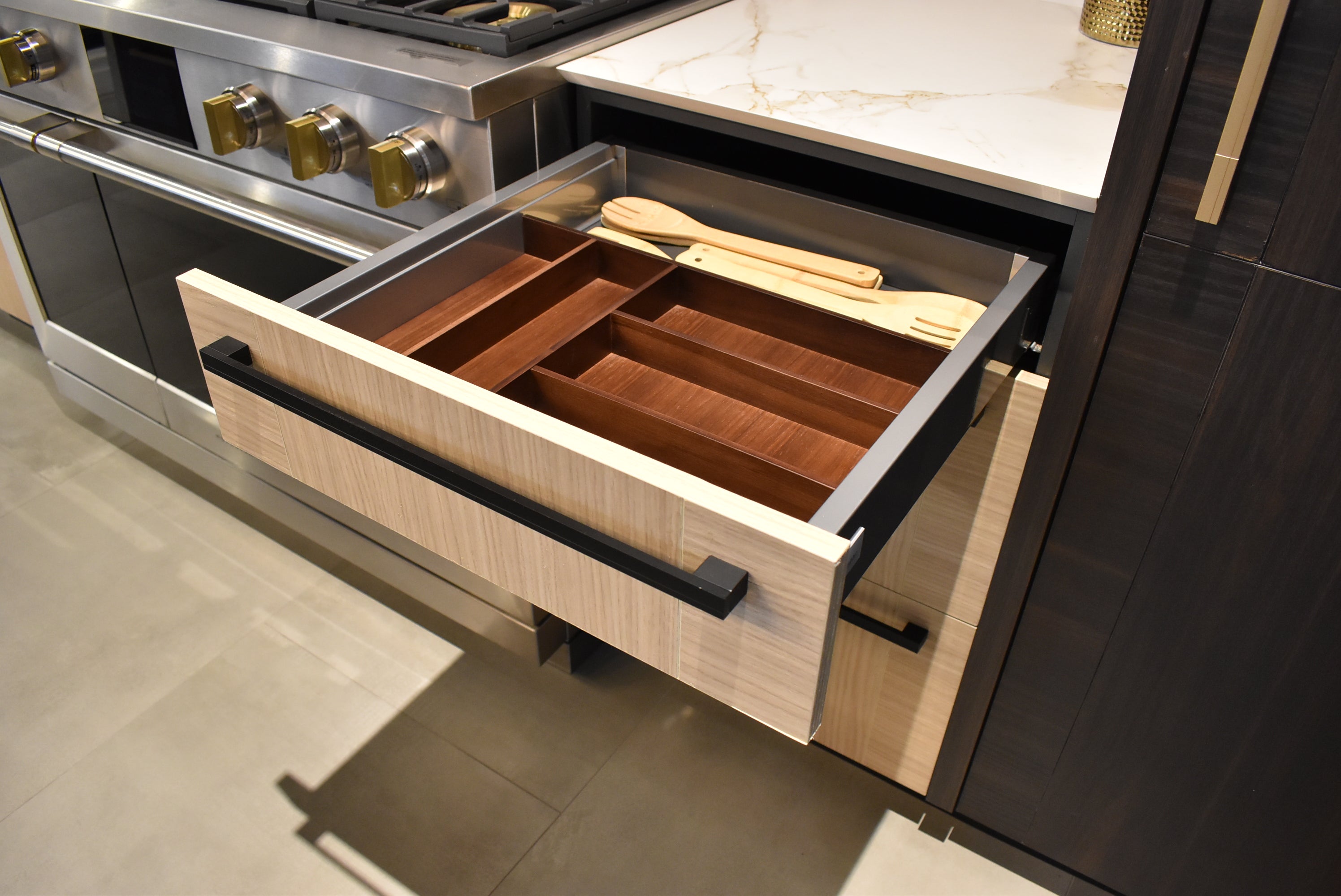 Azzurri Casa Transitional Kitchen with Double Waterfall Island, Dekton Countertops & Monogram Appliances