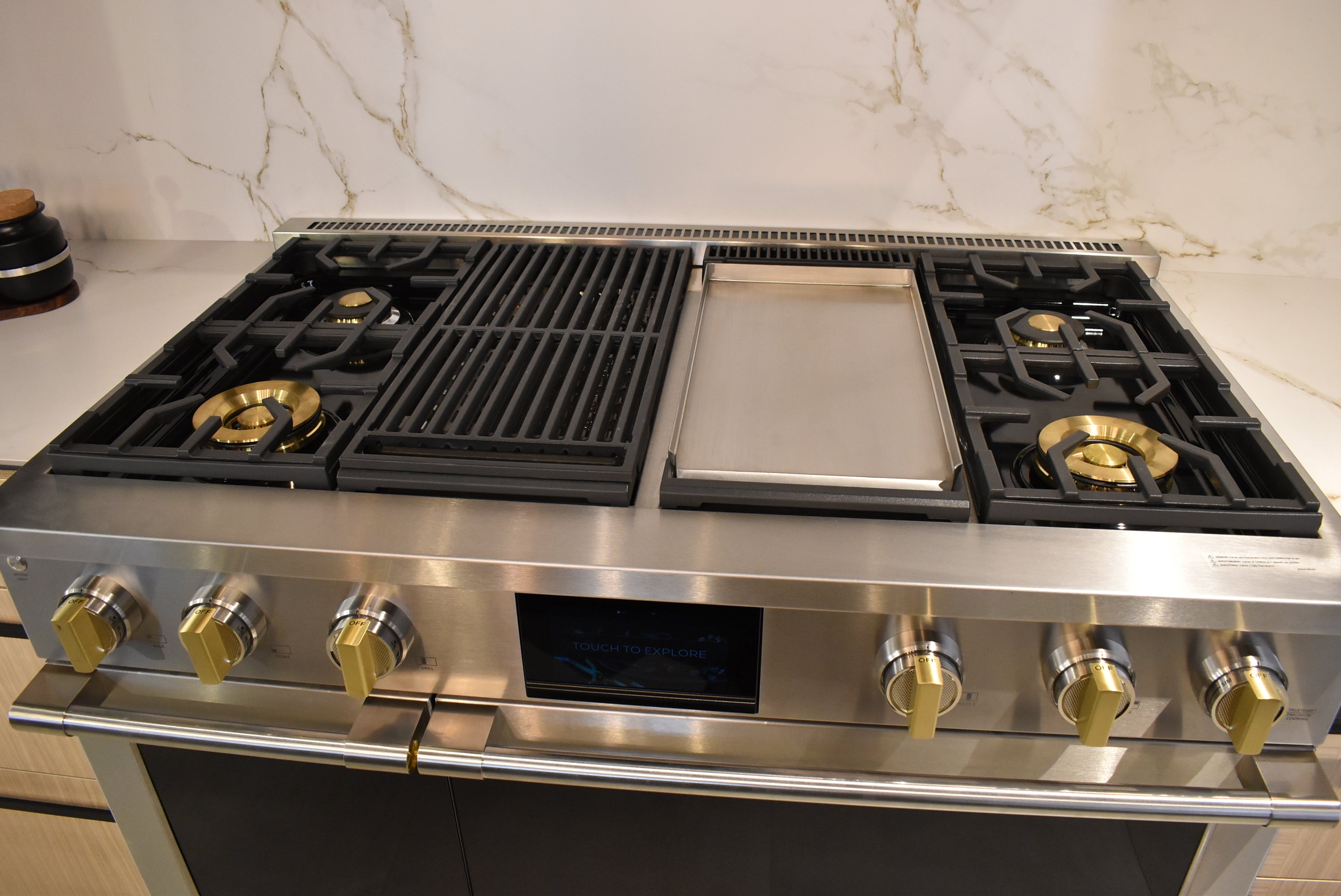 Azzurri Casa Transitional Kitchen with Double Waterfall Island, Dekton Countertops & Monogram Appliances
