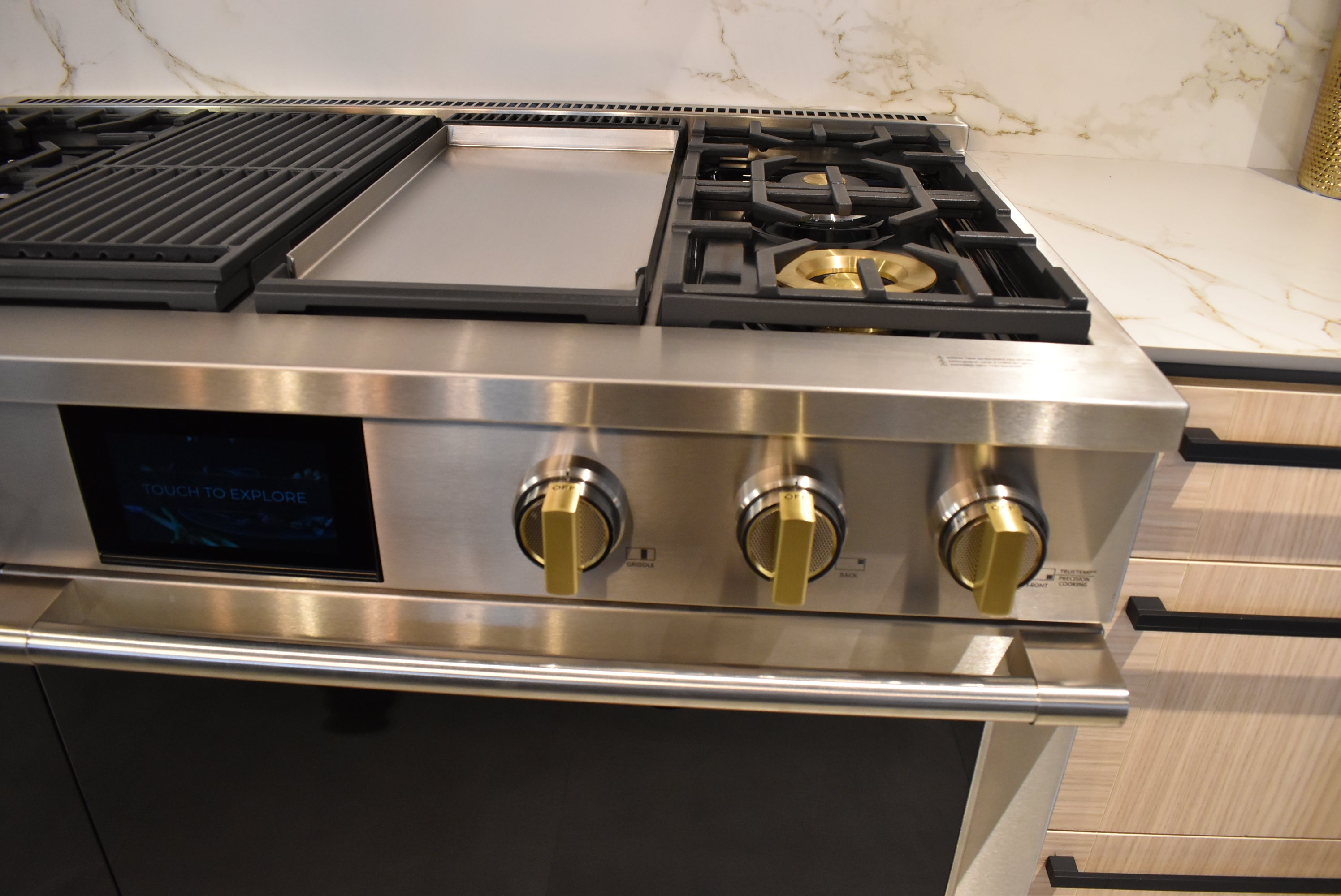 Azzurri Casa Transitional Kitchen with Double Waterfall Island, Dekton Countertops & Monogram Appliances