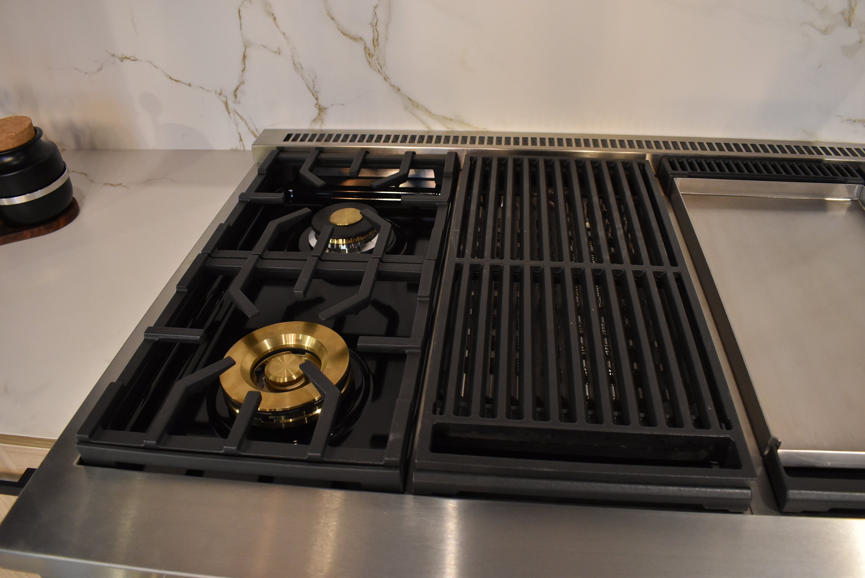 Azzurri Casa Transitional Kitchen with Double Waterfall Island, Dekton Countertops & Monogram Appliances