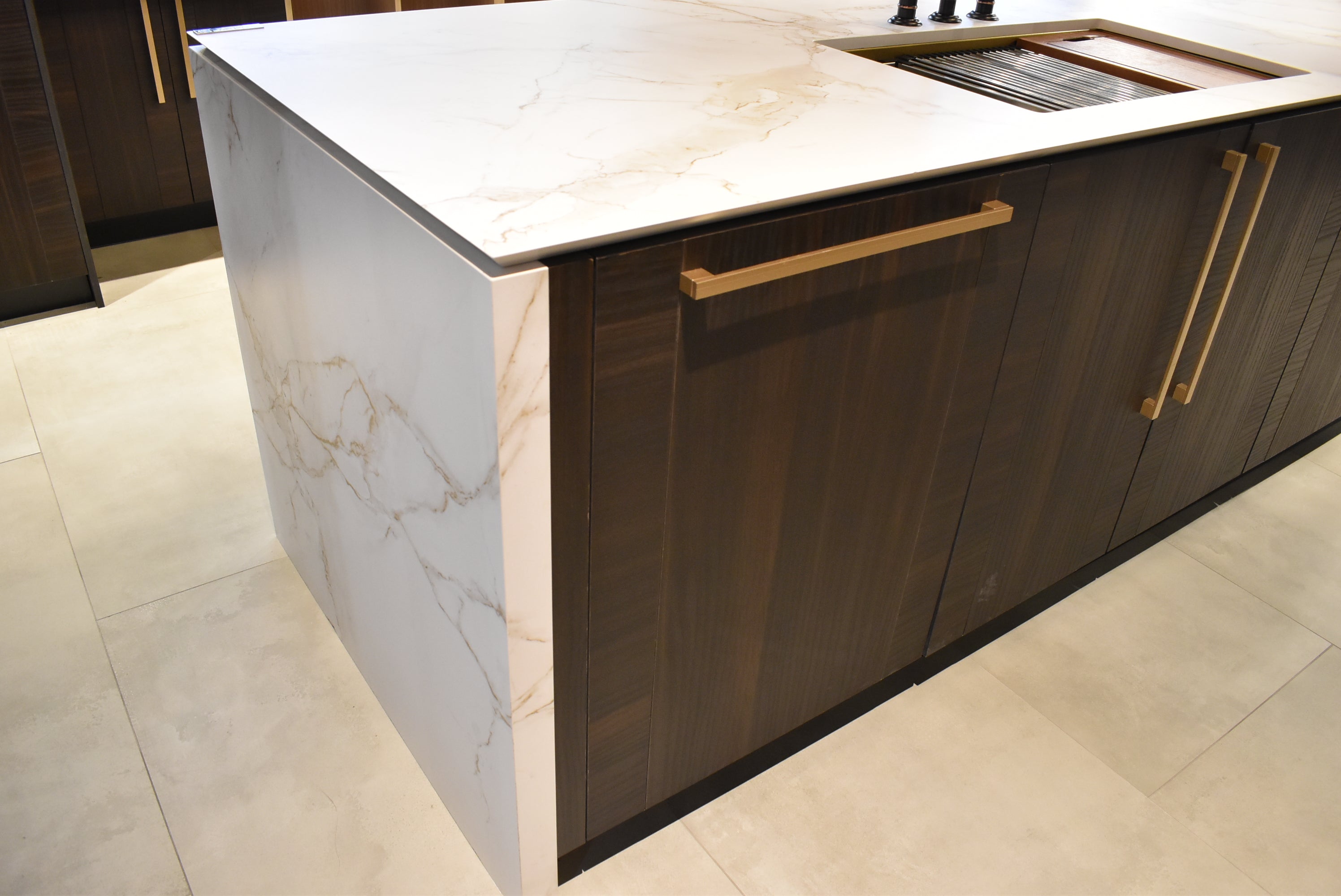 Azzurri Casa Transitional Kitchen with Double Waterfall Island, Dekton Countertops & Monogram Appliances