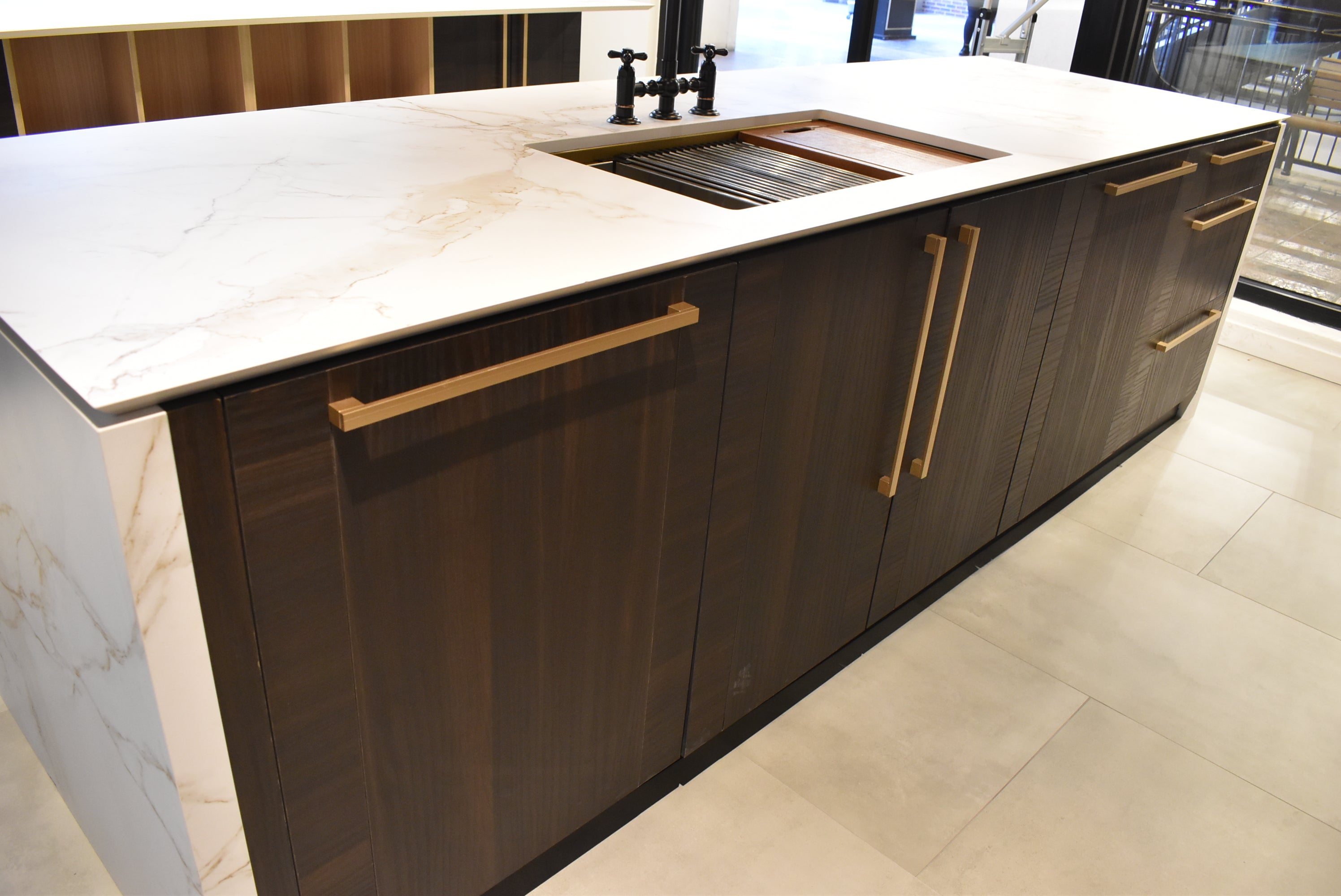 Azzurri Casa Transitional Kitchen with Double Waterfall Island, Dekton Countertops & Monogram Appliances