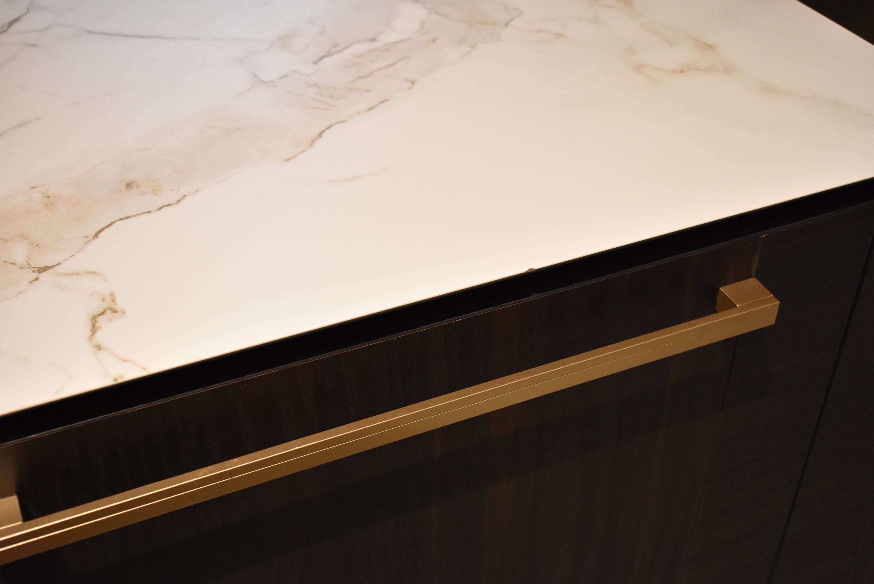 Azzurri Casa Transitional Kitchen with Double Waterfall Island, Dekton Countertops & Monogram Appliances