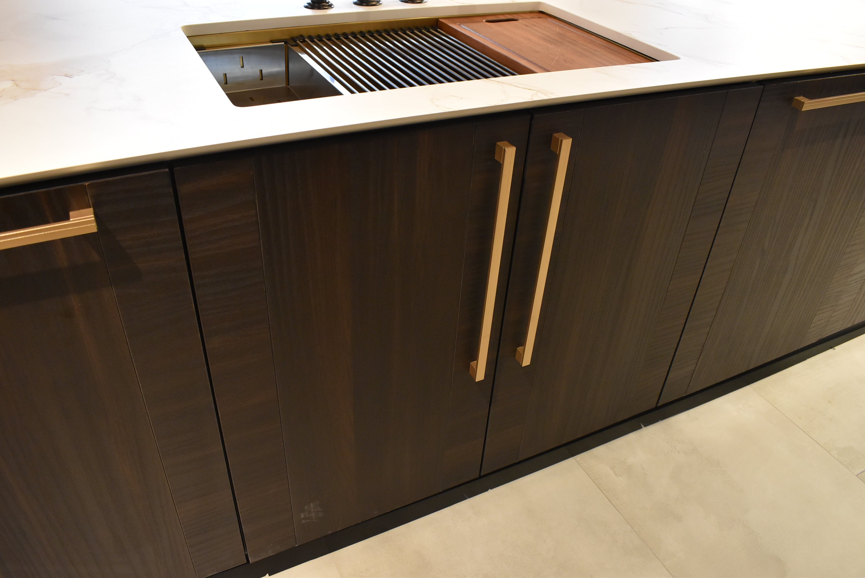 Azzurri Casa Transitional Kitchen with Double Waterfall Island, Dekton Countertops & Monogram Appliances