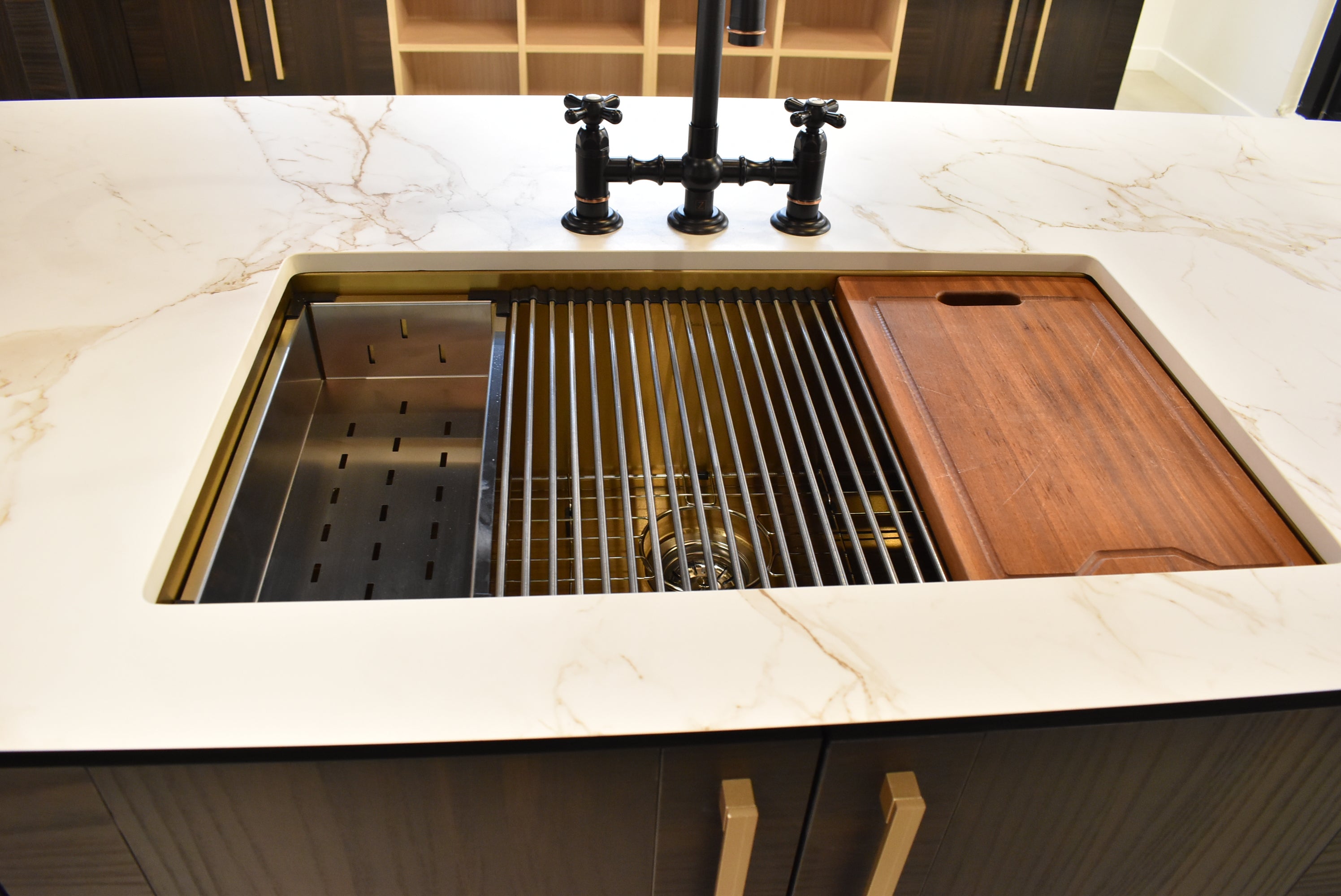 Azzurri Casa Transitional Kitchen with Double Waterfall Island, Dekton Countertops & Monogram Appliances