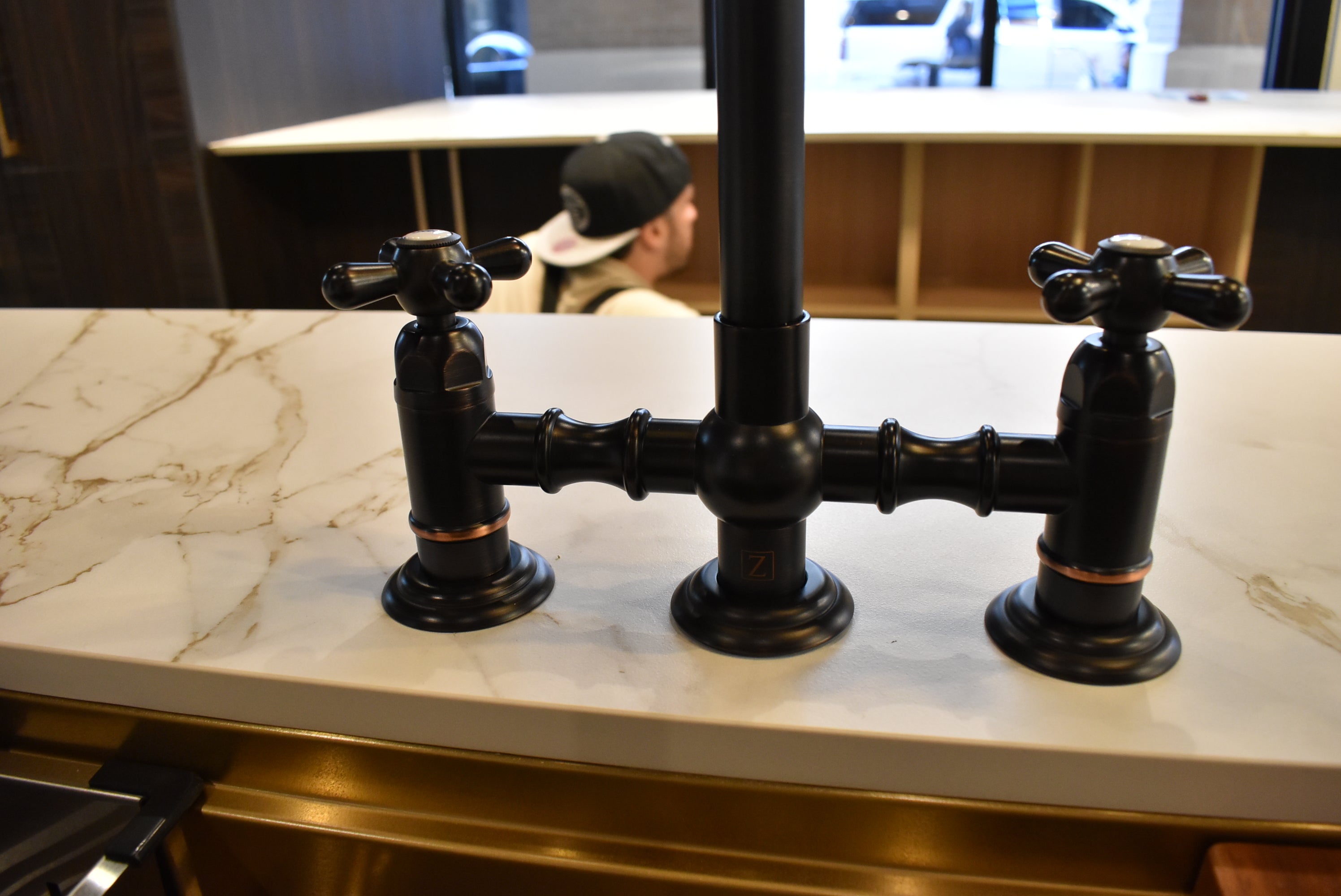 Azzurri Casa Transitional Kitchen with Double Waterfall Island, Dekton Countertops & Monogram Appliances