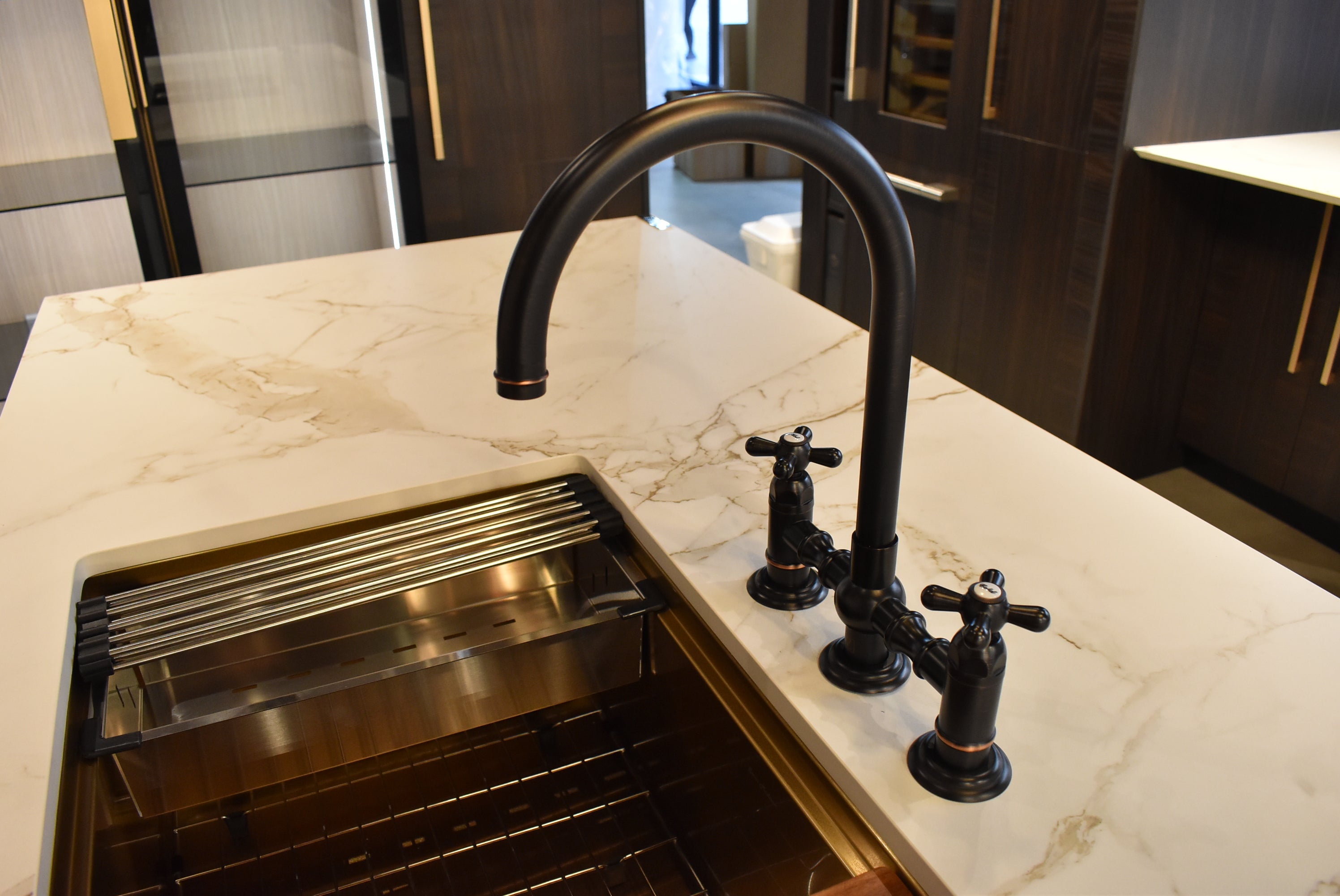 Azzurri Casa Transitional Kitchen with Double Waterfall Island, Dekton Countertops & Monogram Appliances