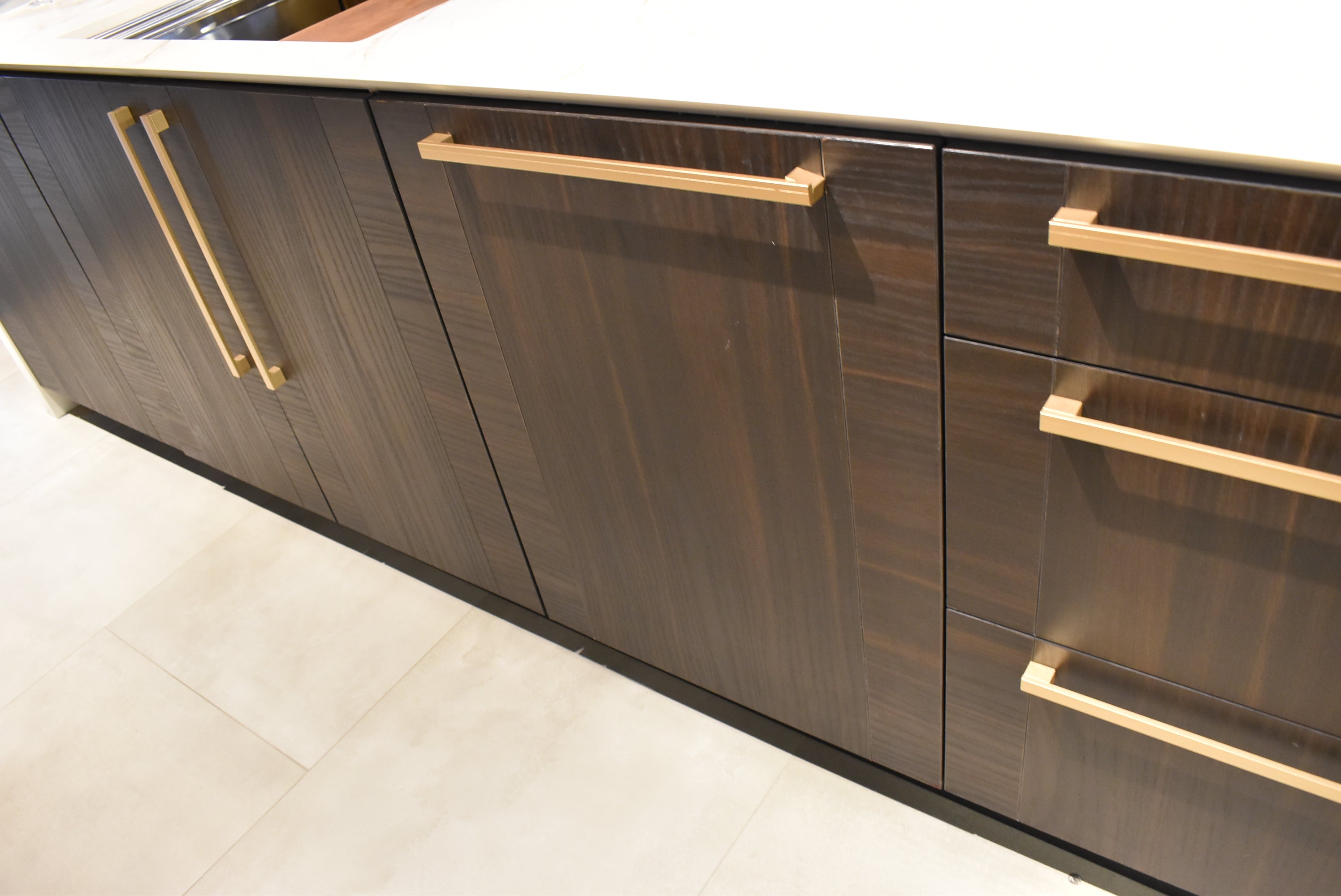 Azzurri Casa Transitional Kitchen with Double Waterfall Island, Dekton Countertops & Monogram Appliances