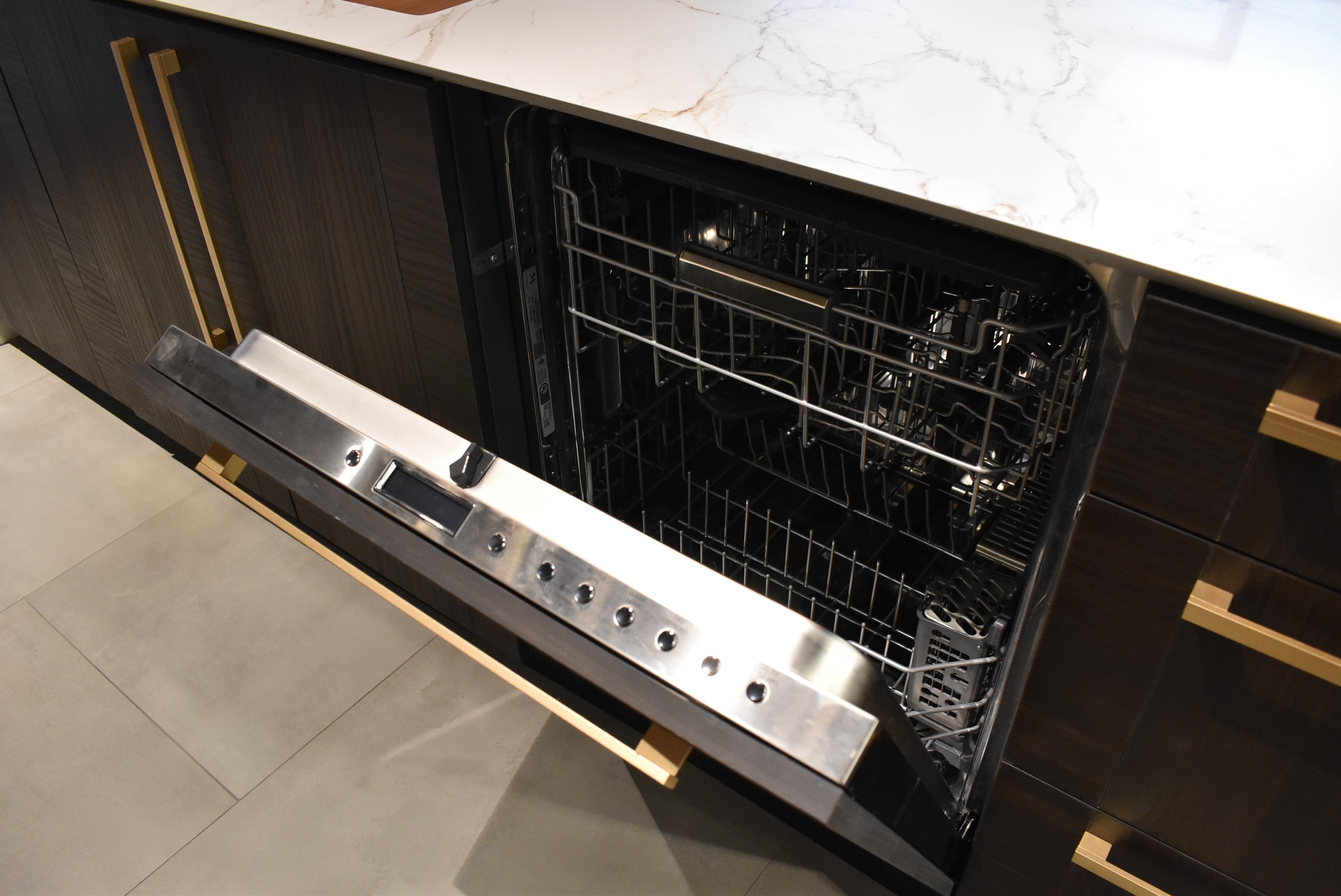 Azzurri Casa Transitional Kitchen with Double Waterfall Island, Dekton Countertops & Monogram Appliances