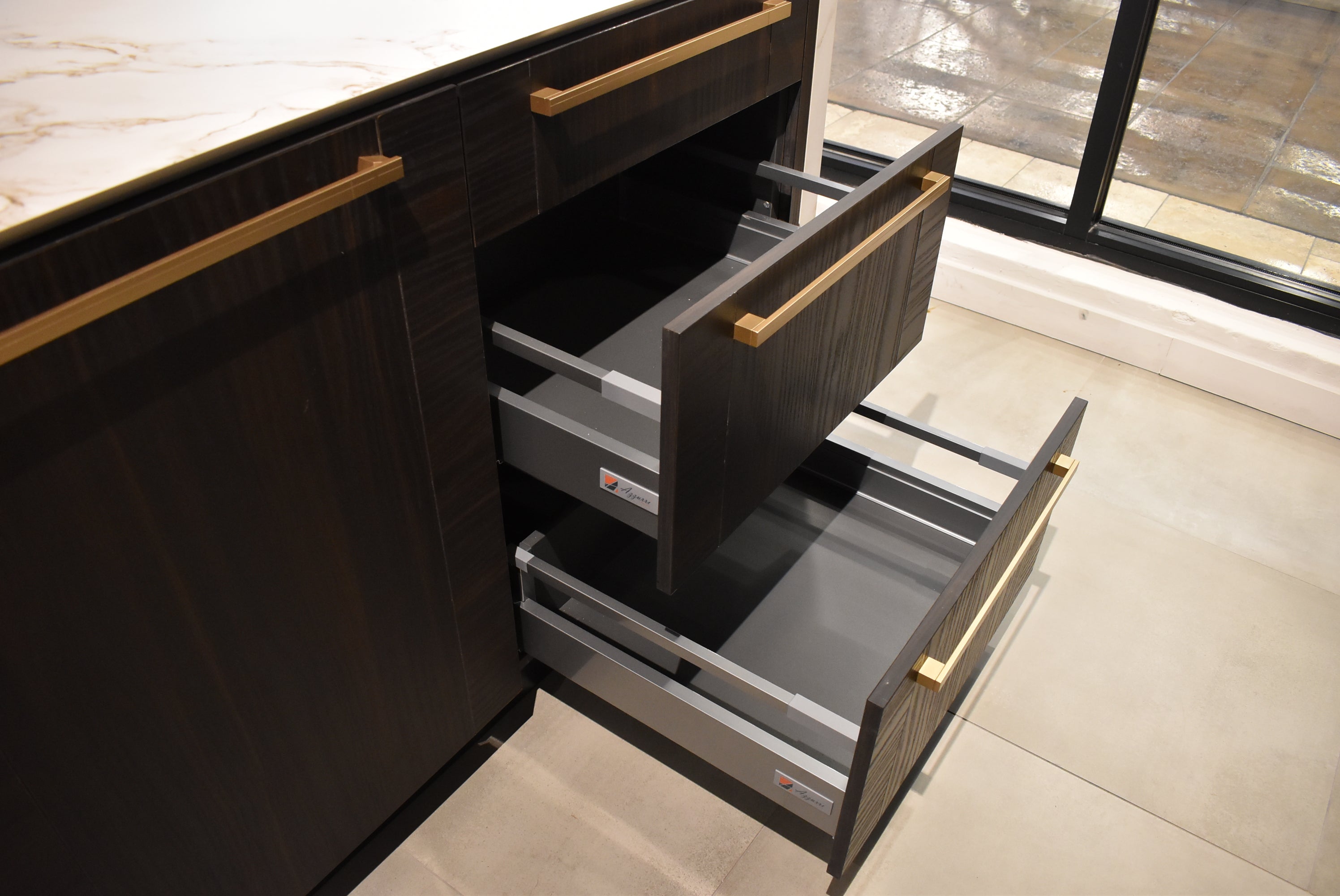 Azzurri Casa Transitional Kitchen with Double Waterfall Island, Dekton Countertops & Monogram Appliances