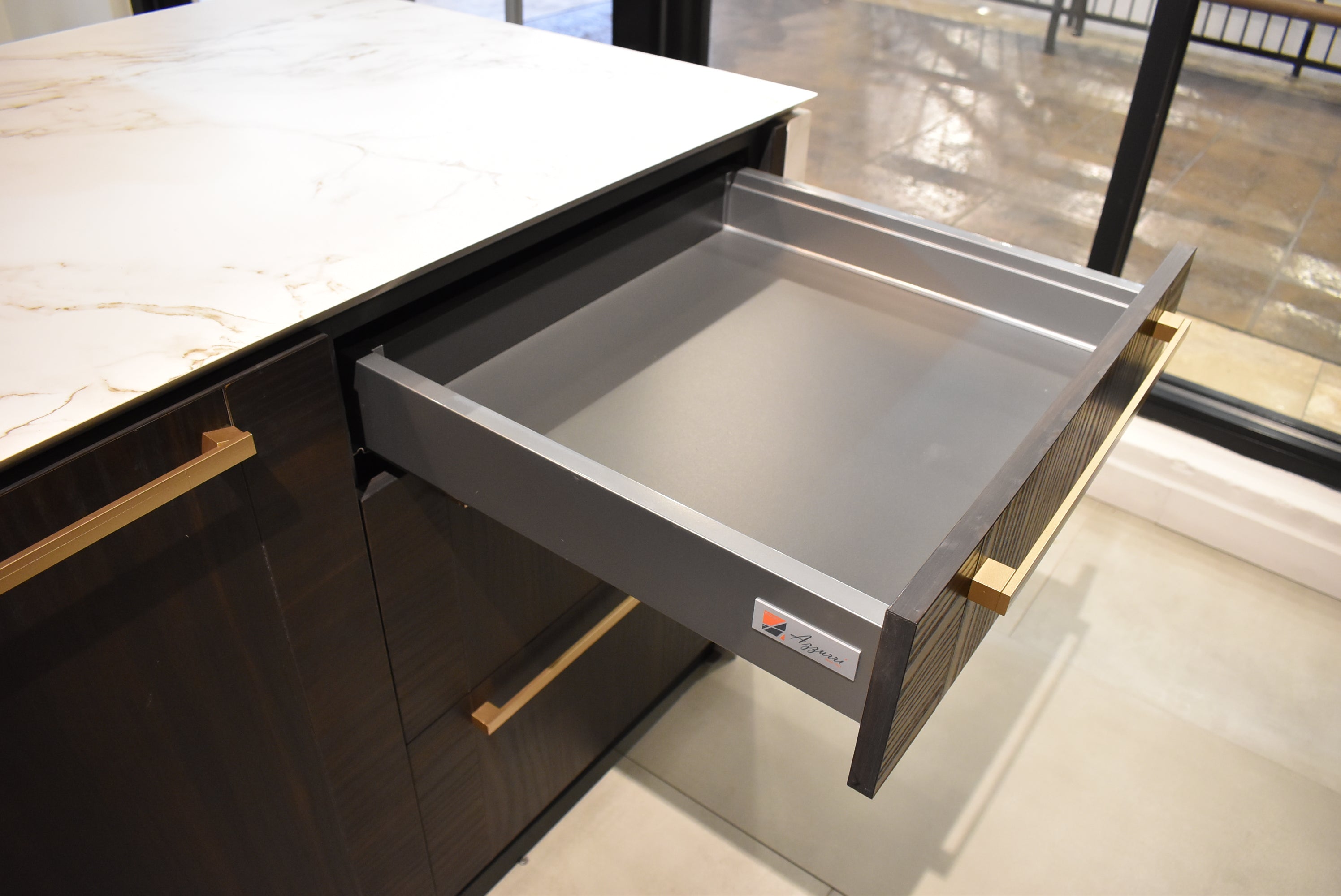 Azzurri Casa Transitional Kitchen with Double Waterfall Island, Dekton Countertops & Monogram Appliances