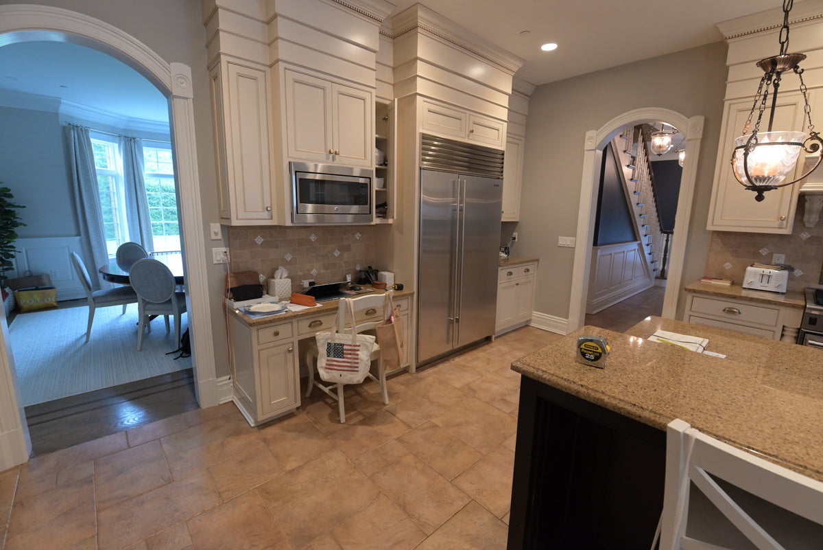 Omega Transitional Linen White Kitchen with Black Island