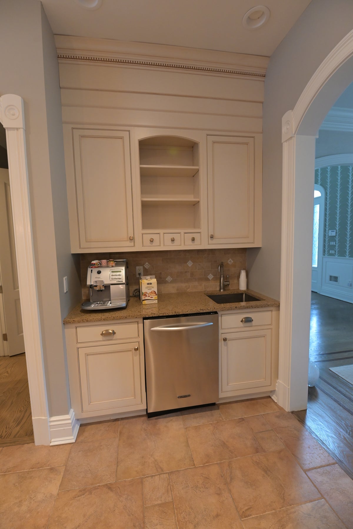 Omega Transitional Linen White Kitchen with Black Island
