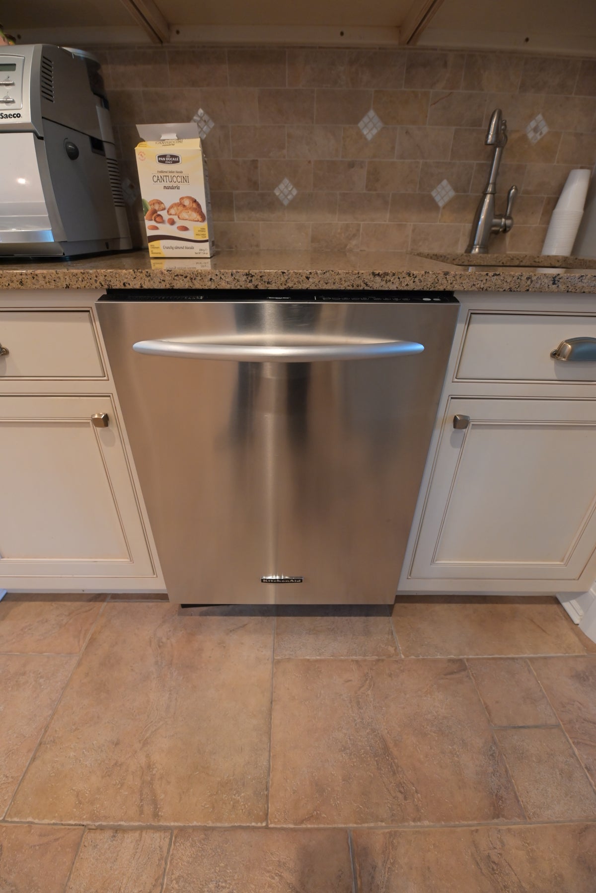 Omega Transitional Linen White Kitchen with Black Island