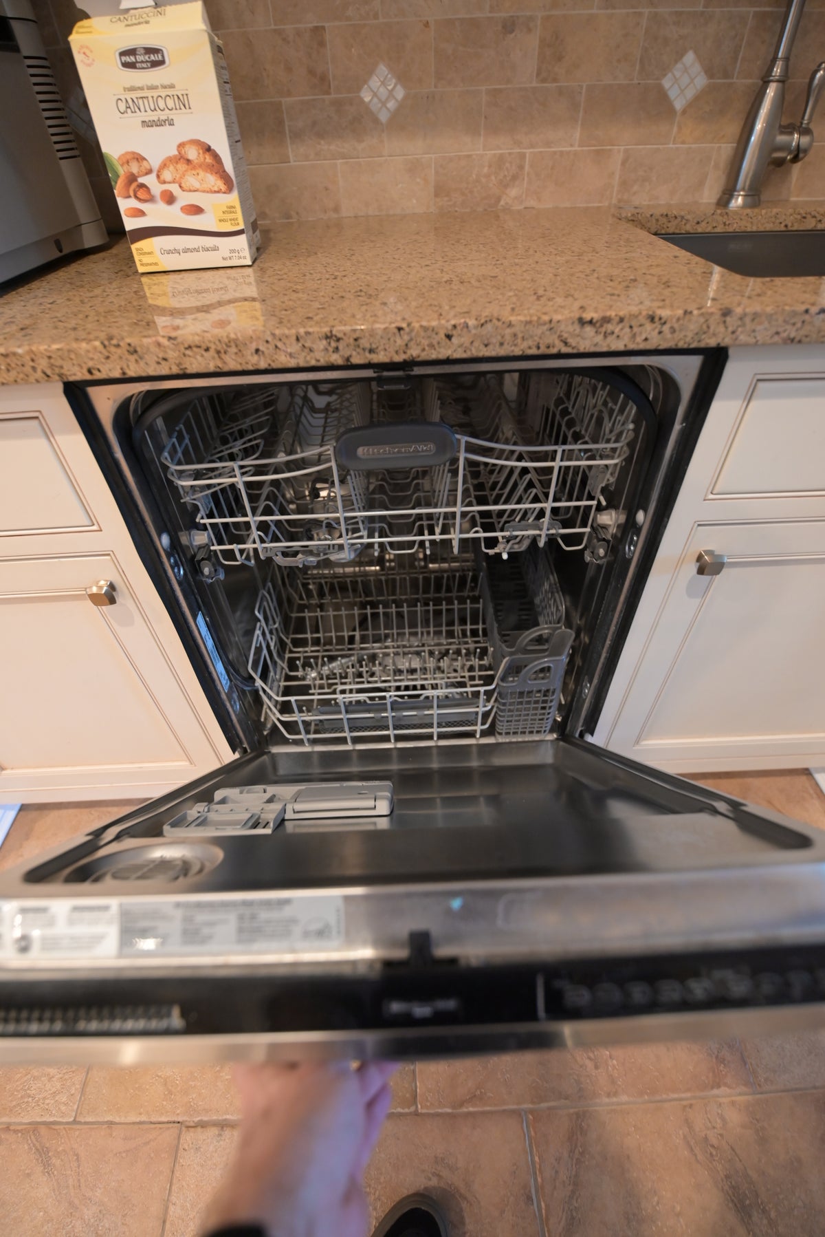 Omega Transitional Linen White Kitchen with Black Island