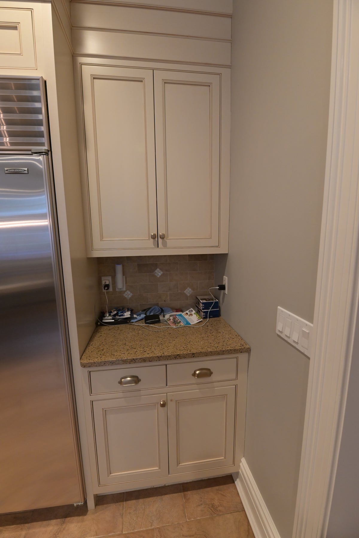 Omega Transitional Linen White Kitchen with Black Island