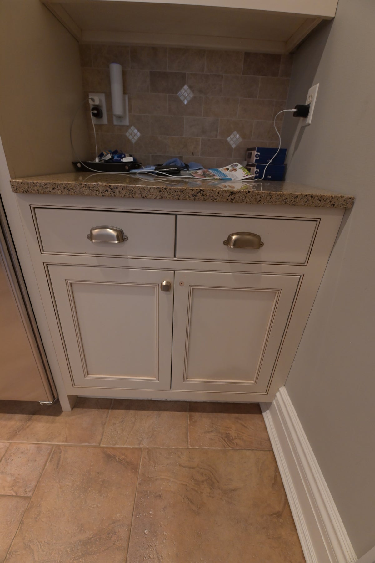 Omega Transitional Linen White Kitchen with Black Island
