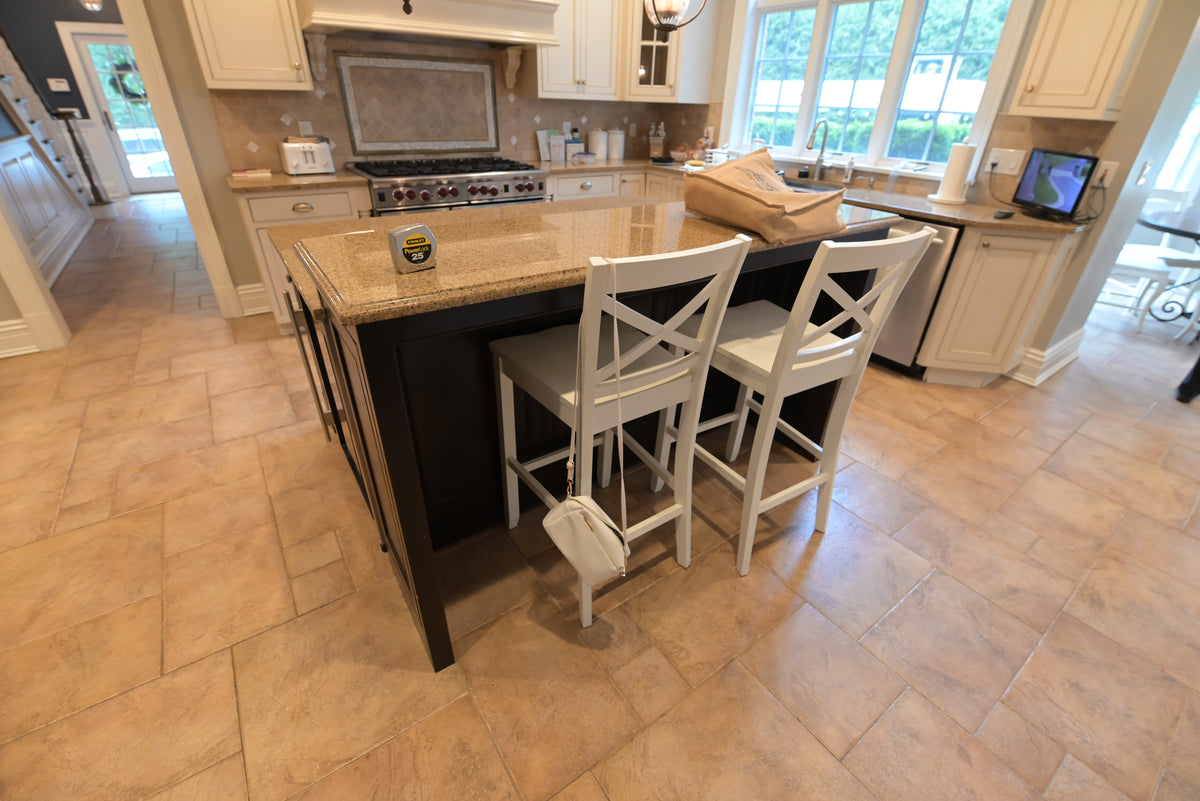 Omega Transitional Linen White Kitchen with Black Island