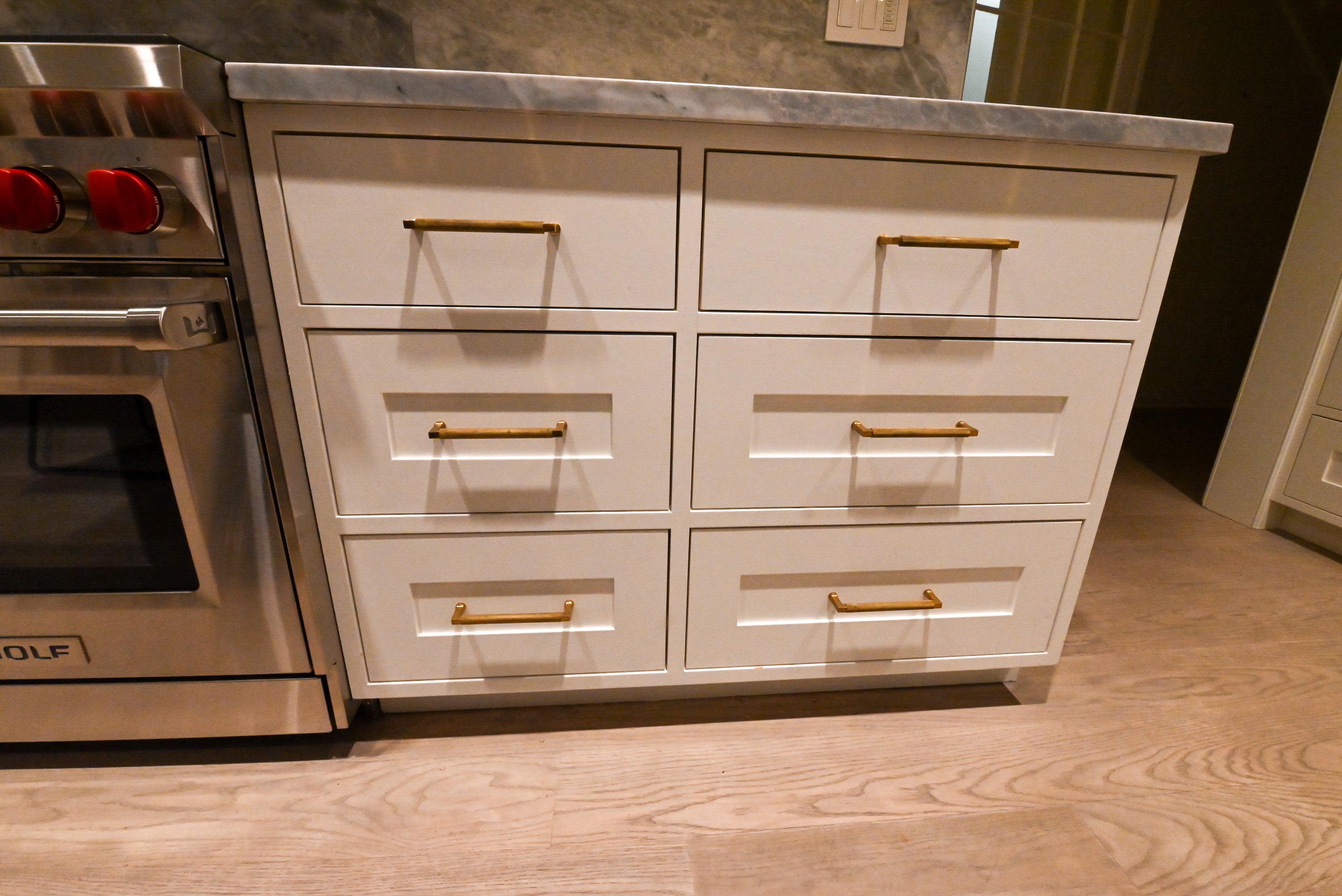 "The Windermere" Transitional White Kitchen with Island & Sub-Zero 648PROG
