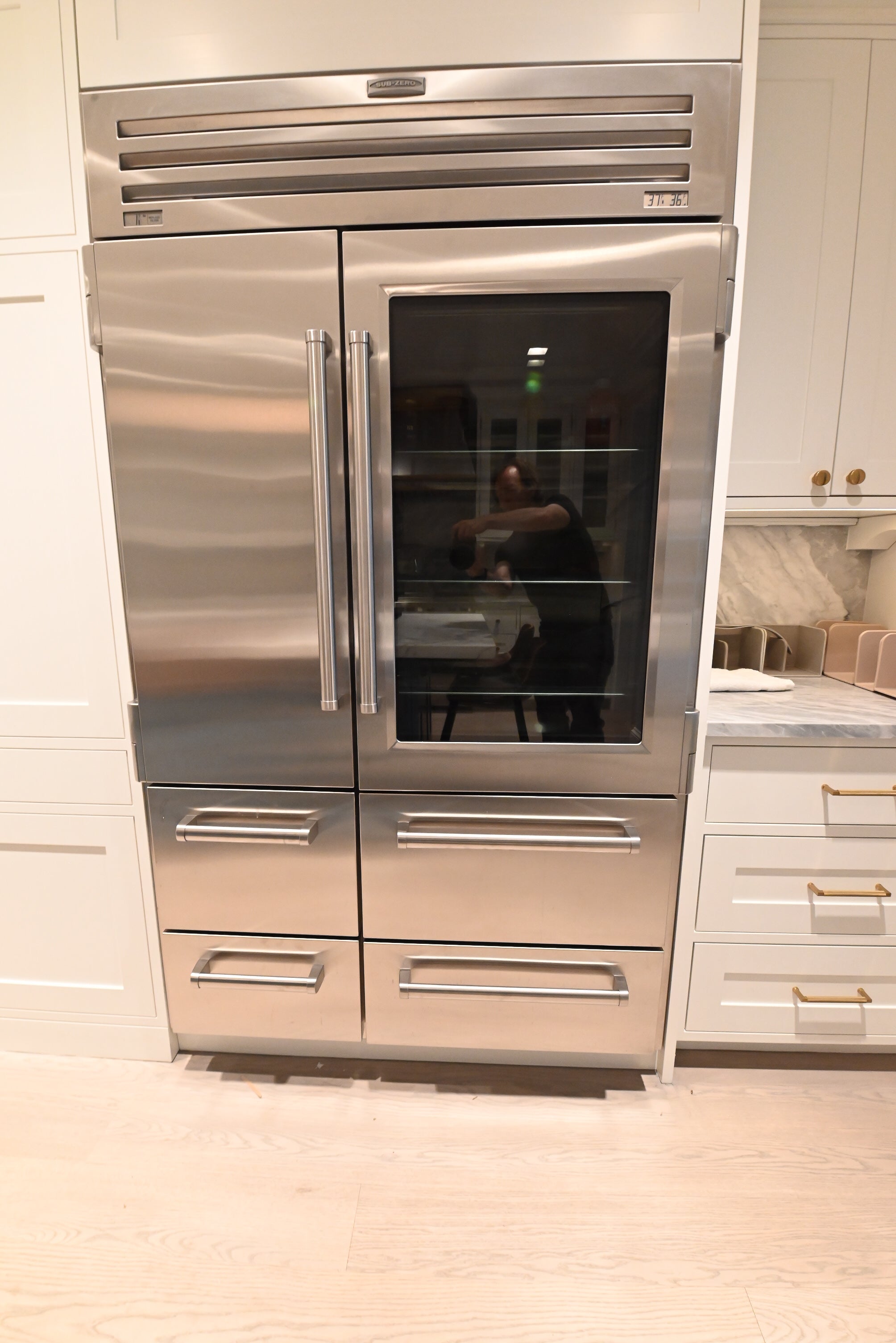 "The Windermere" Transitional White Kitchen with Island & Sub-Zero 648PROG