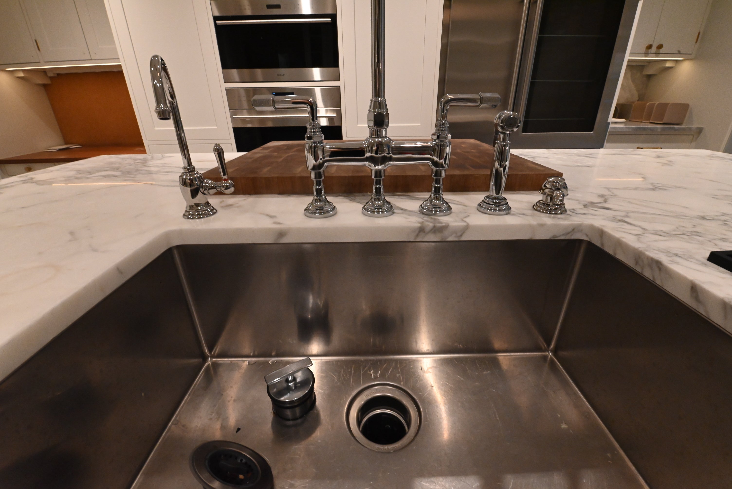 "The Windermere" Transitional White Kitchen with Island & Sub-Zero 648PROG