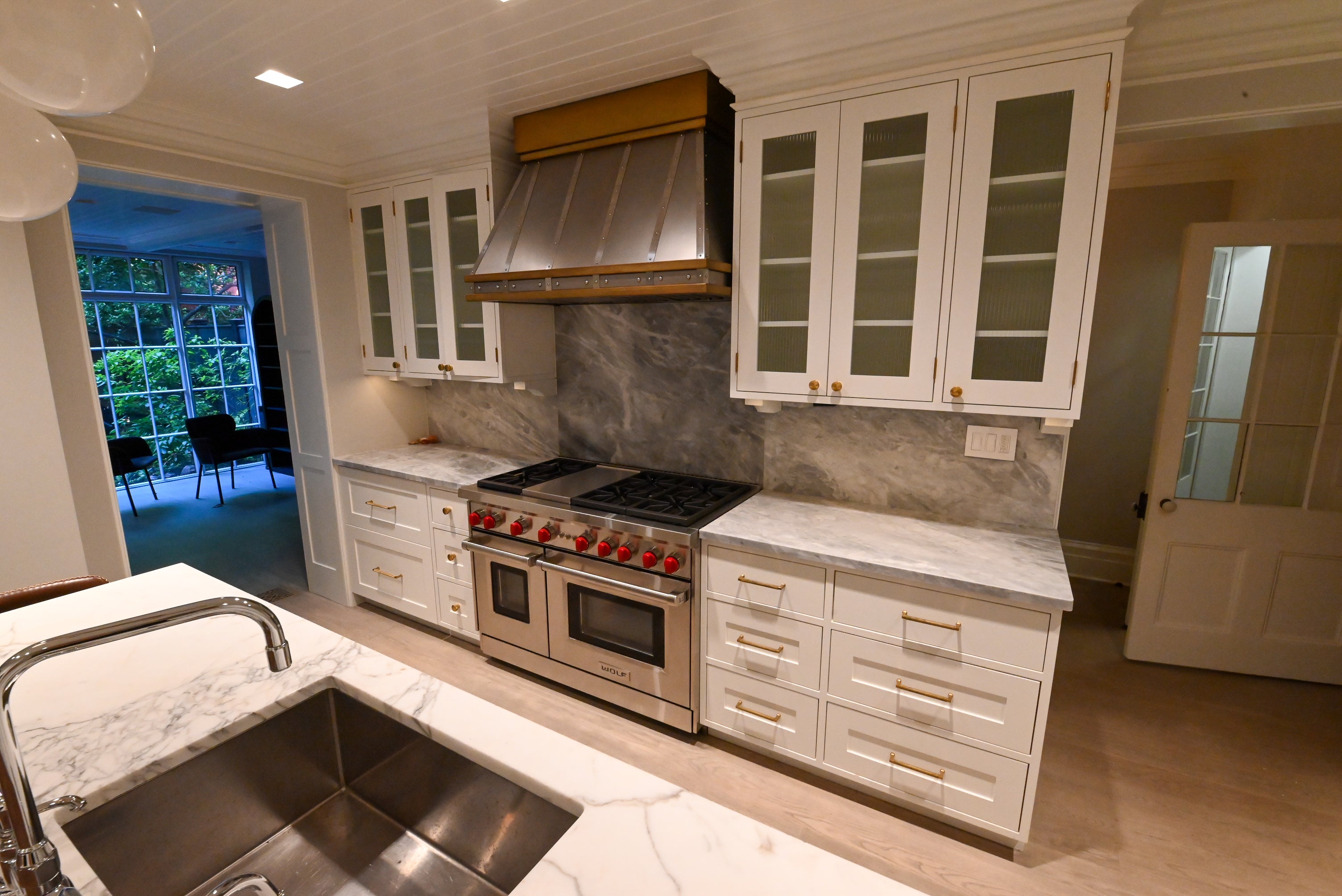 "The Windermere" Transitional White Kitchen with Island & Sub-Zero 648PROG