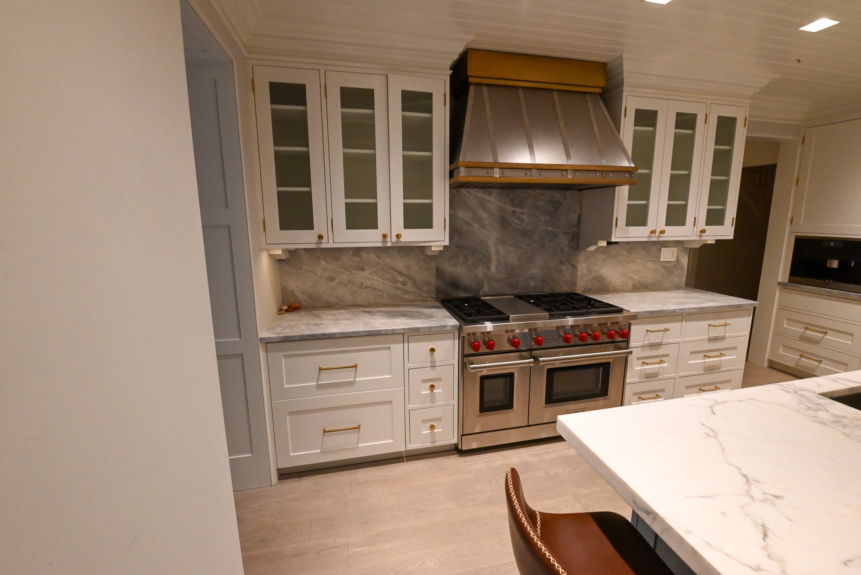 "The Windermere" Transitional White Kitchen with Island & Sub-Zero 648PROG