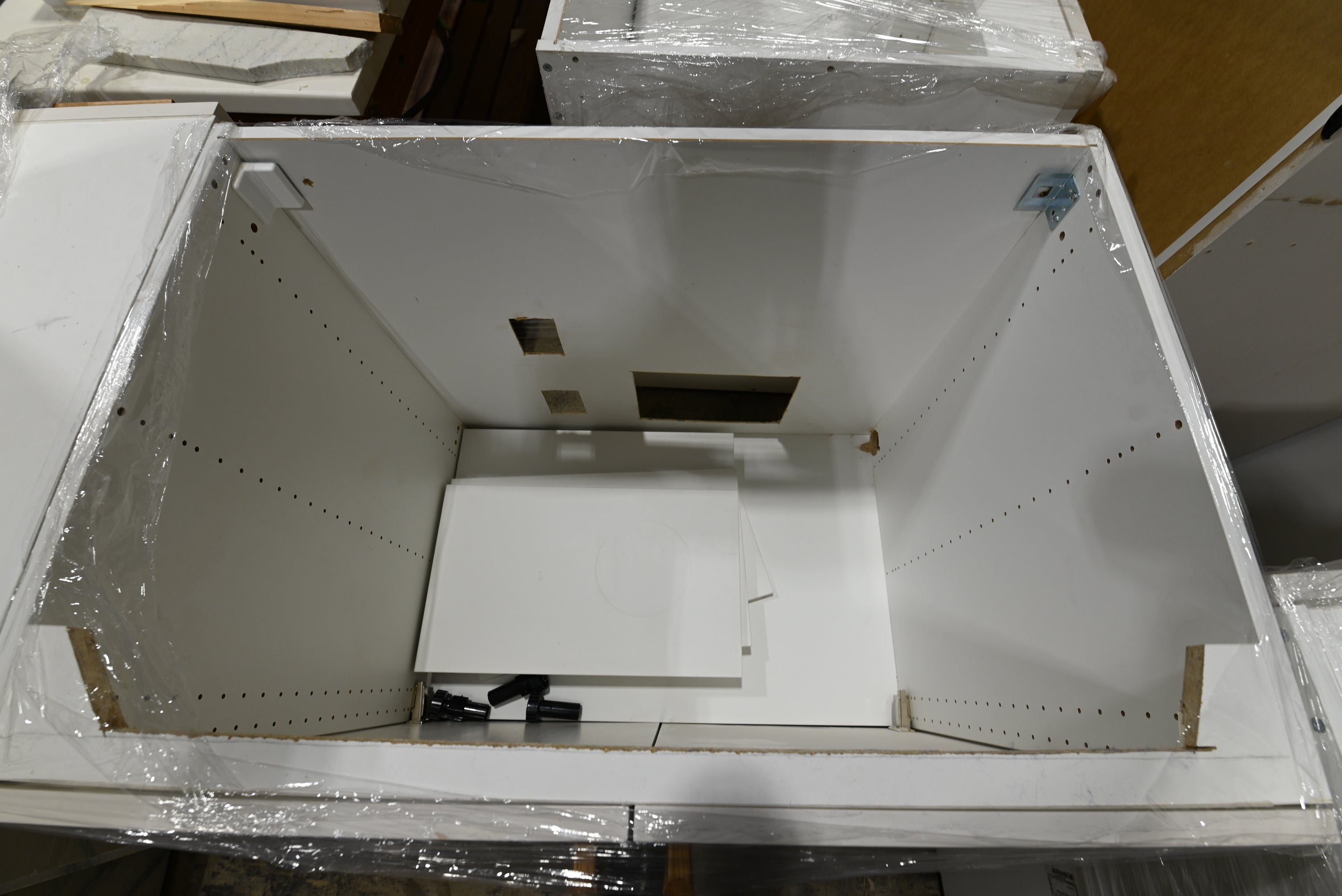 Reform Modern White Partial Kitchen Cabinets with Marble Countertop, Sink and Faucet