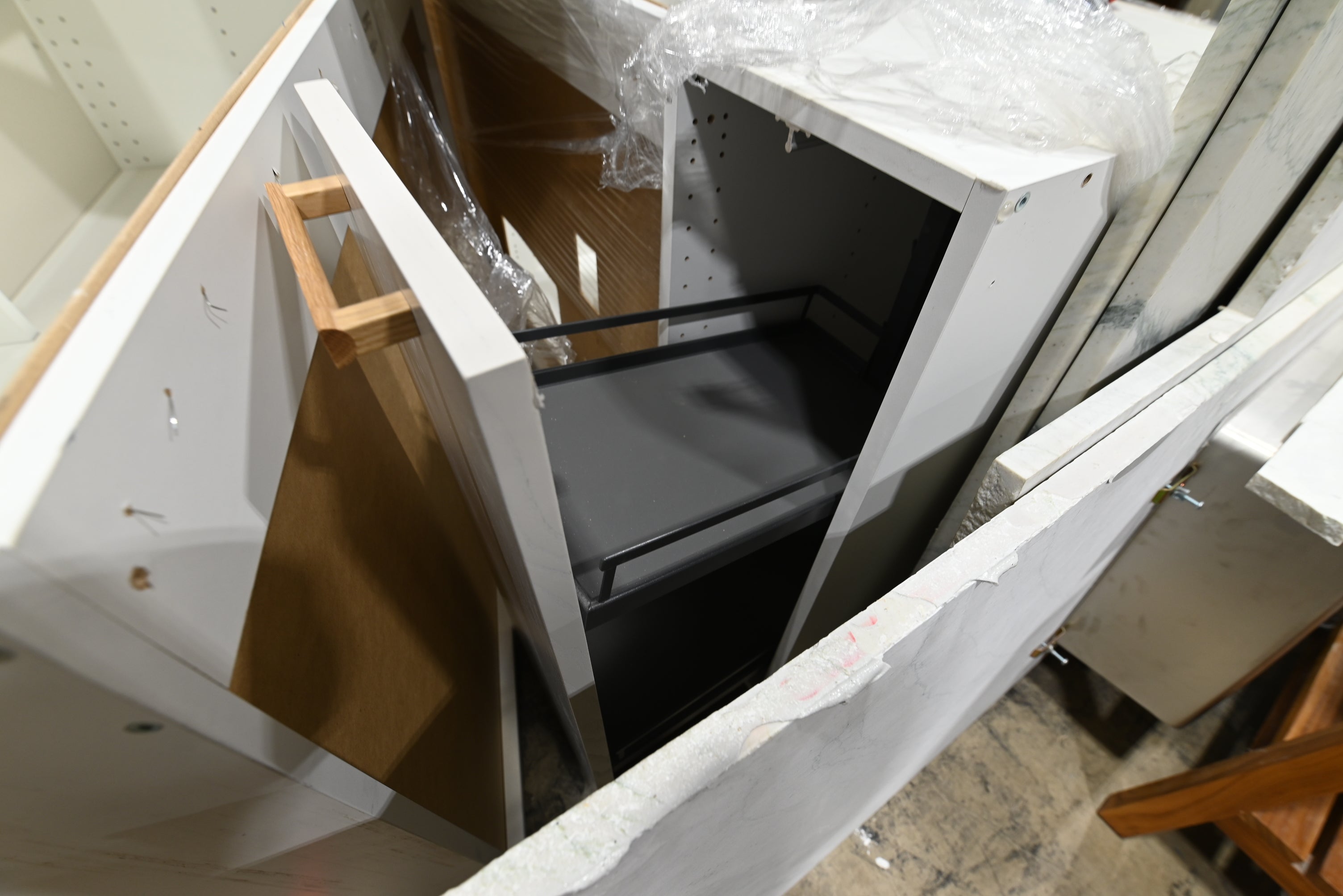 Reform Modern White Partial Kitchen Cabinets with Marble Countertop, Sink and Faucet