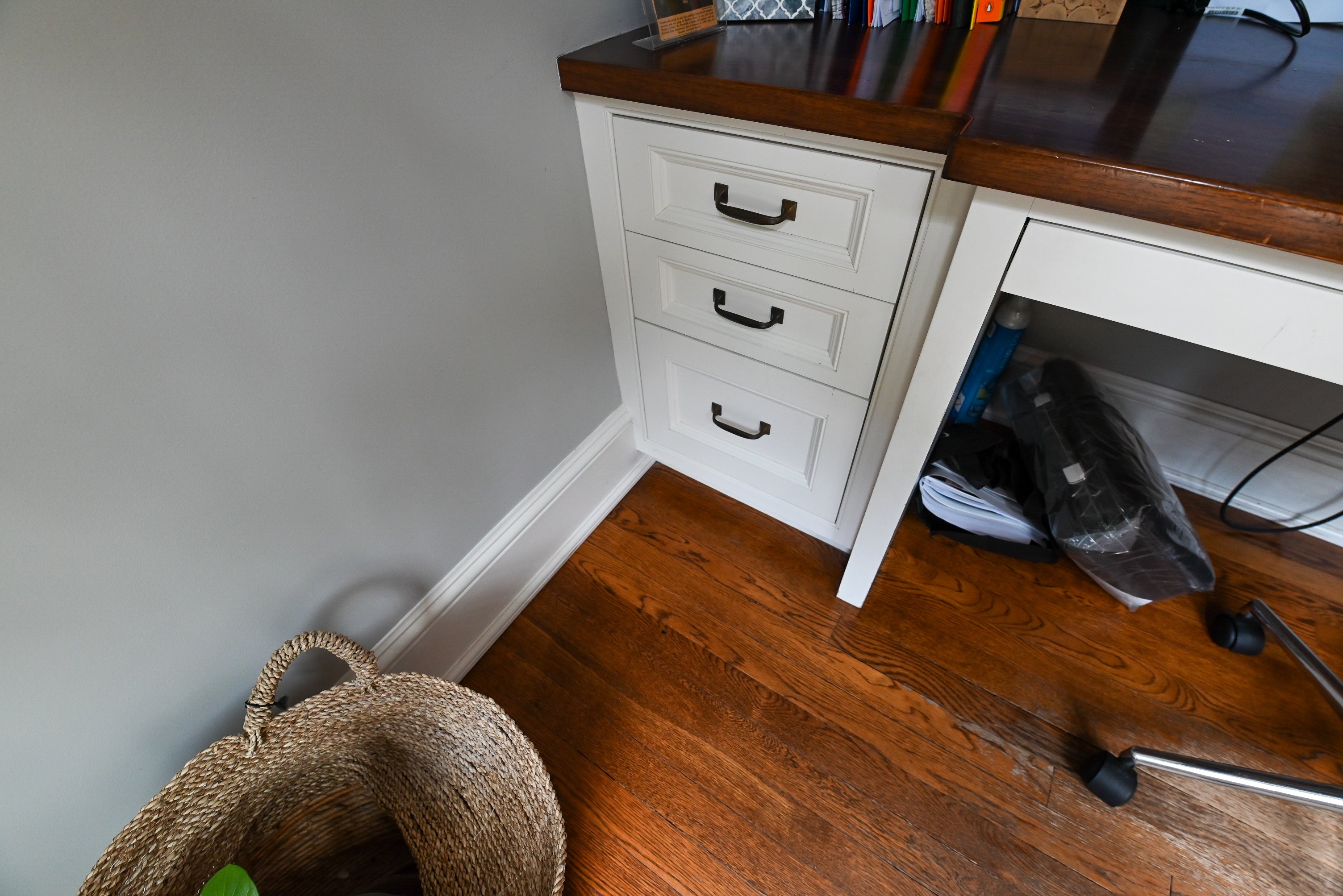 Custom Transitional White Built-In Desk System with Wood Top