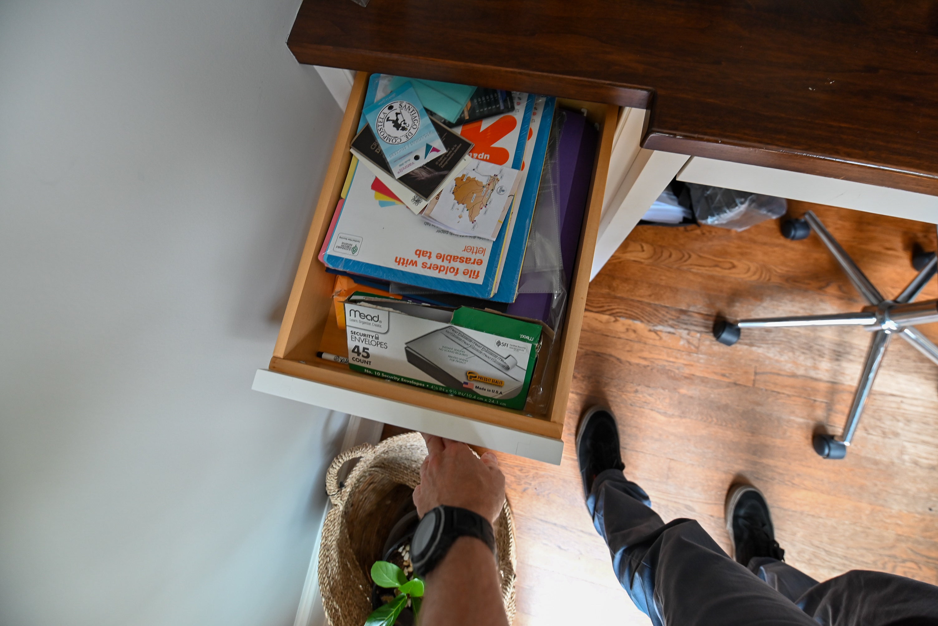 Custom Transitional White Built-In Desk System with Wood Top