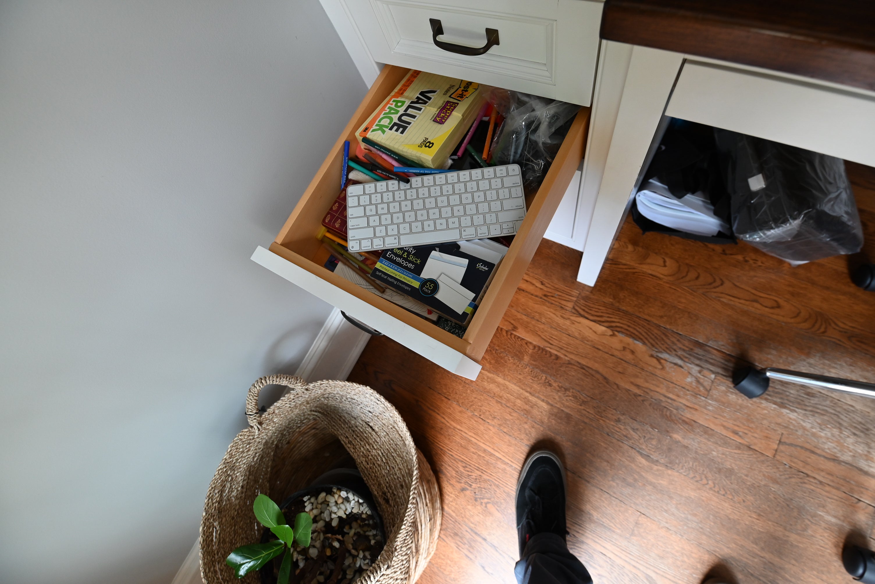 Custom Transitional White Built-In Desk System with Wood Top