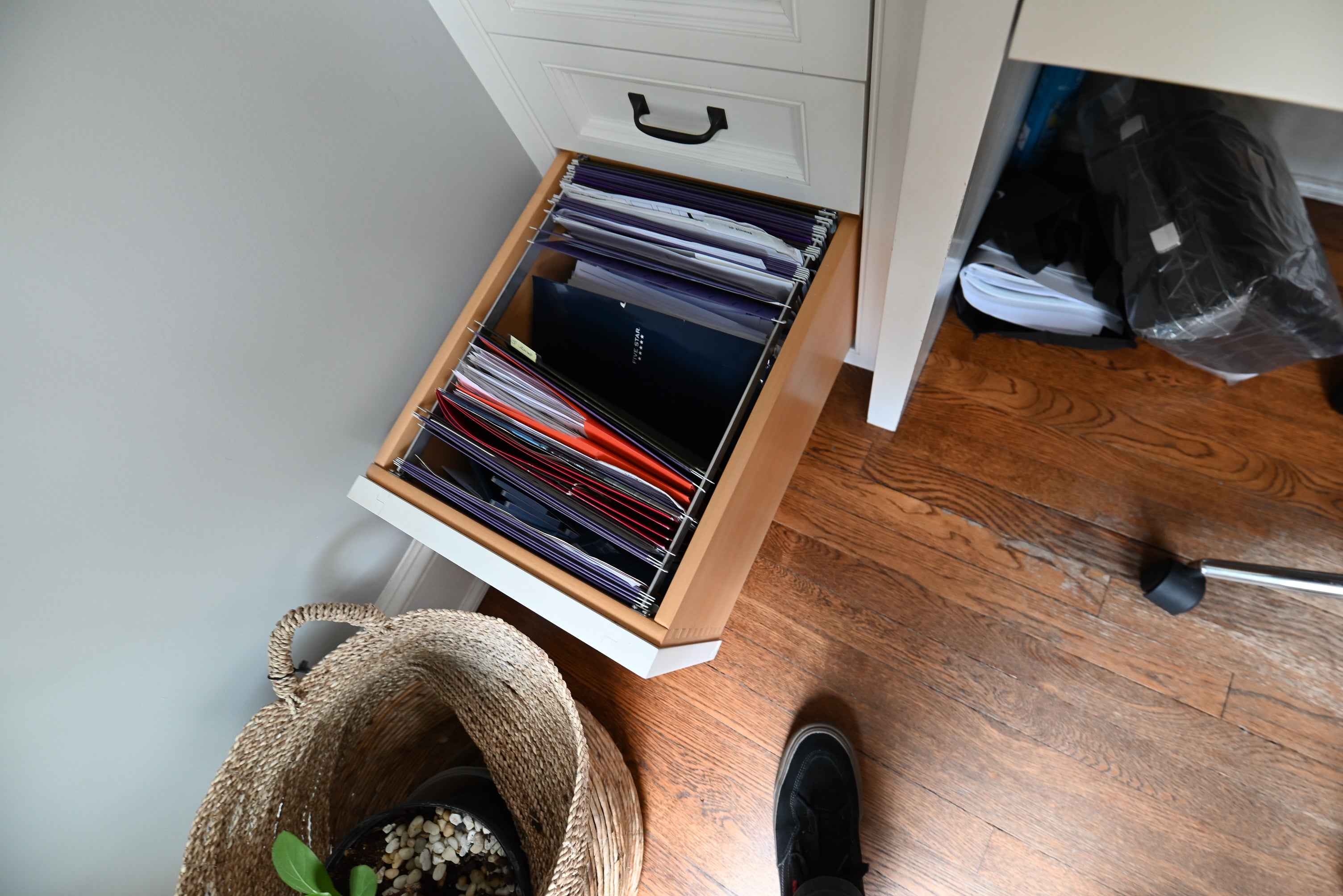 Custom Transitional White Built-In Desk System with Wood Top