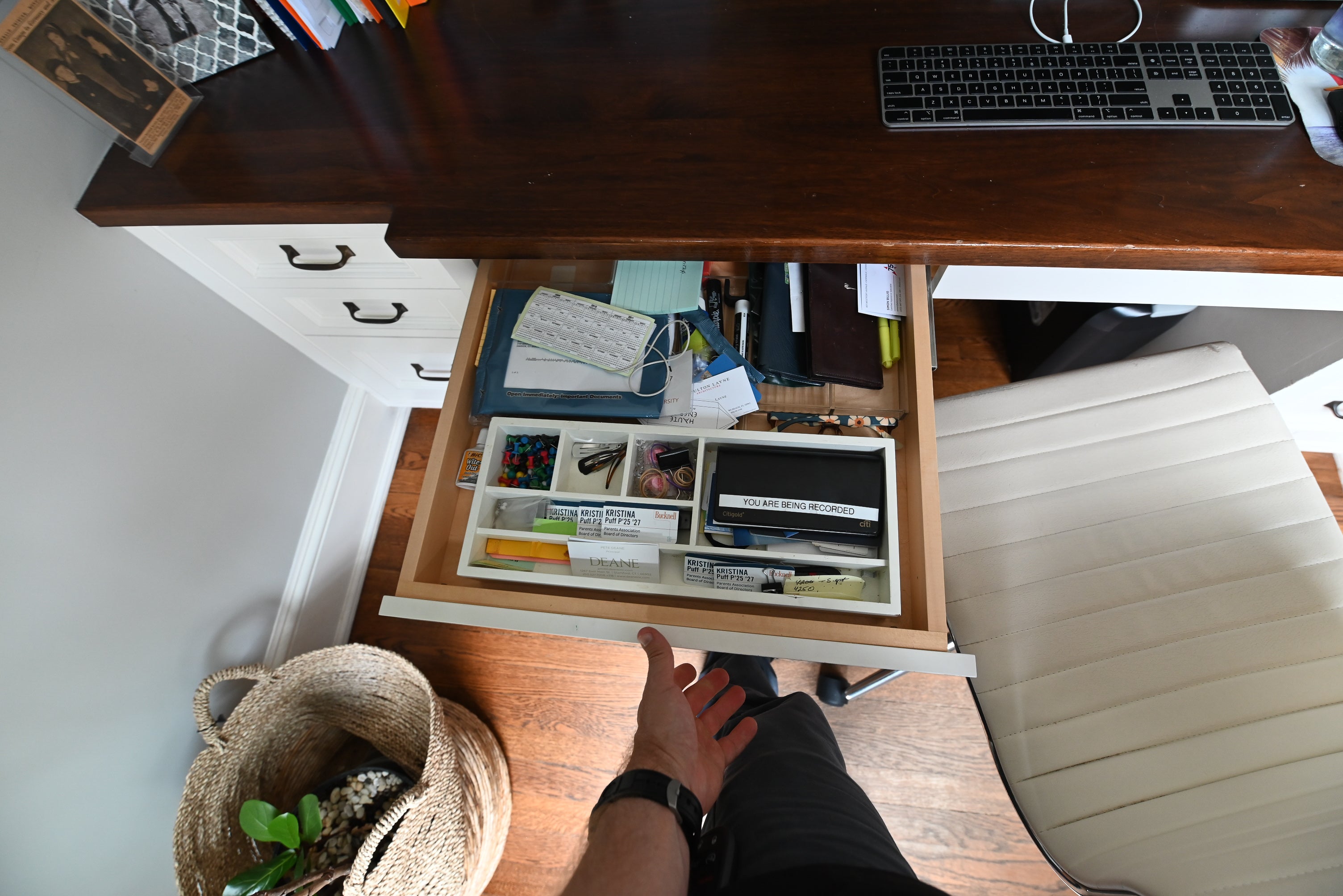 Custom Transitional White Built-In Desk System with Wood Top