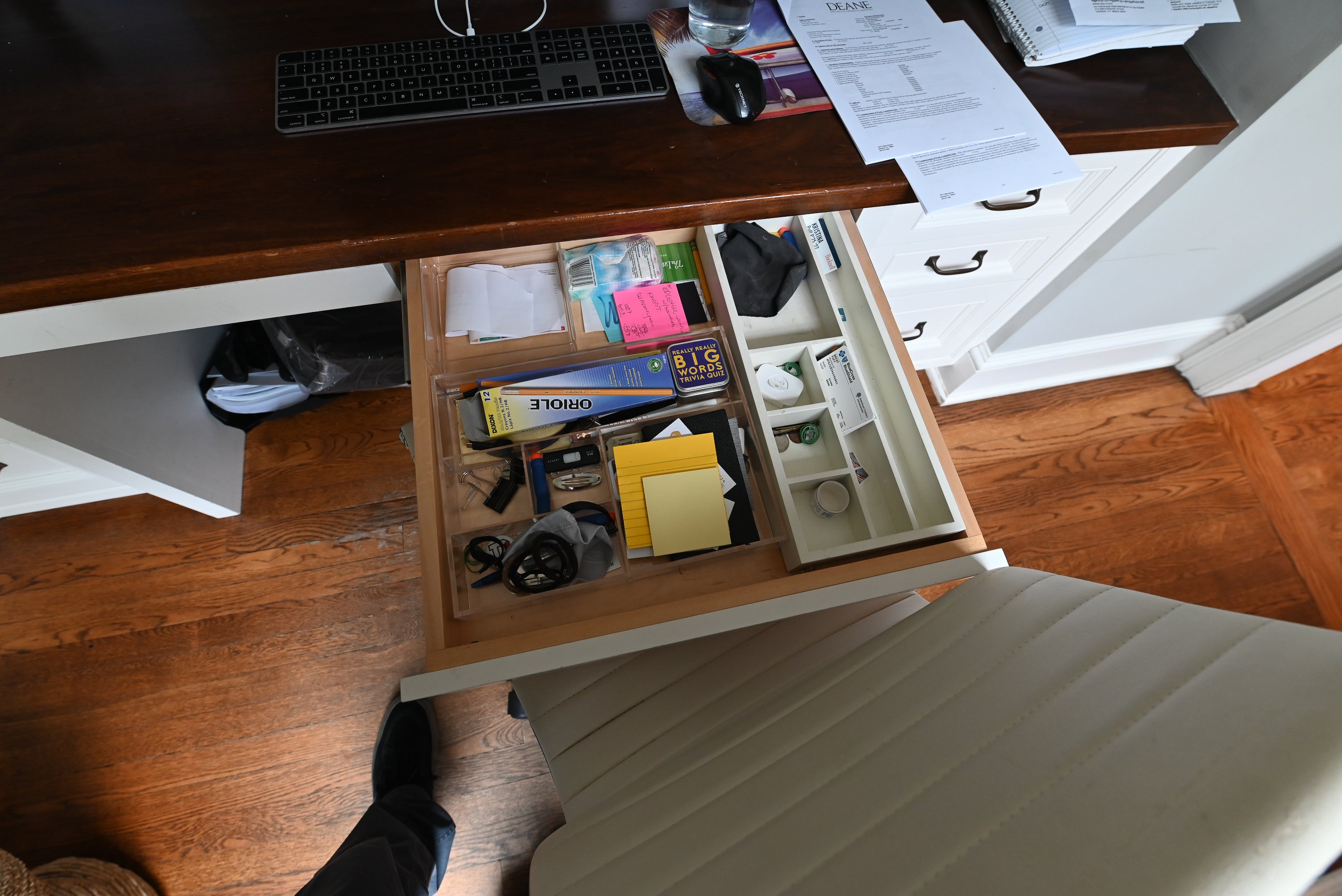 Custom Transitional White Built-In Desk System with Wood Top