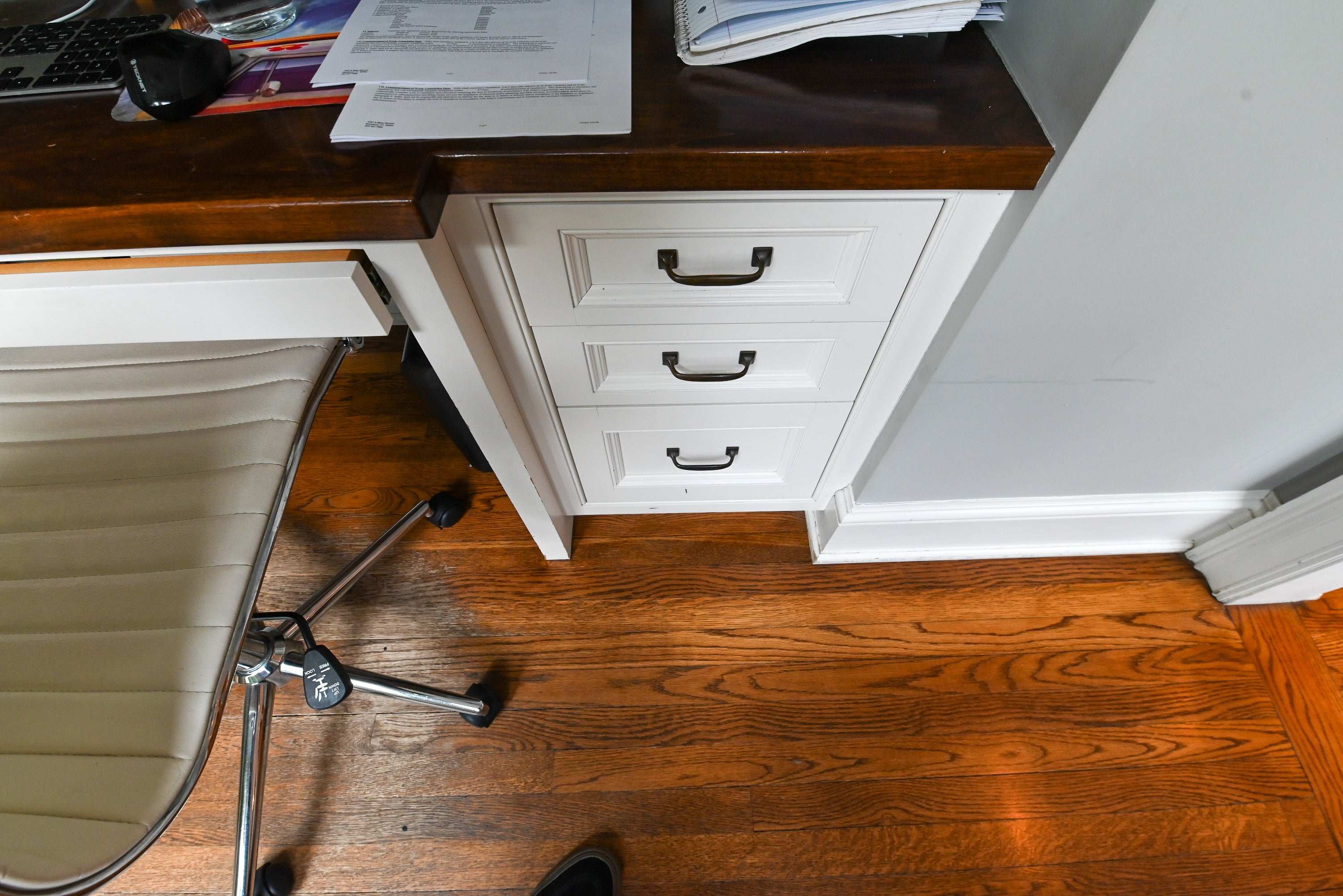 Custom Transitional White Built-In Desk System with Wood Top