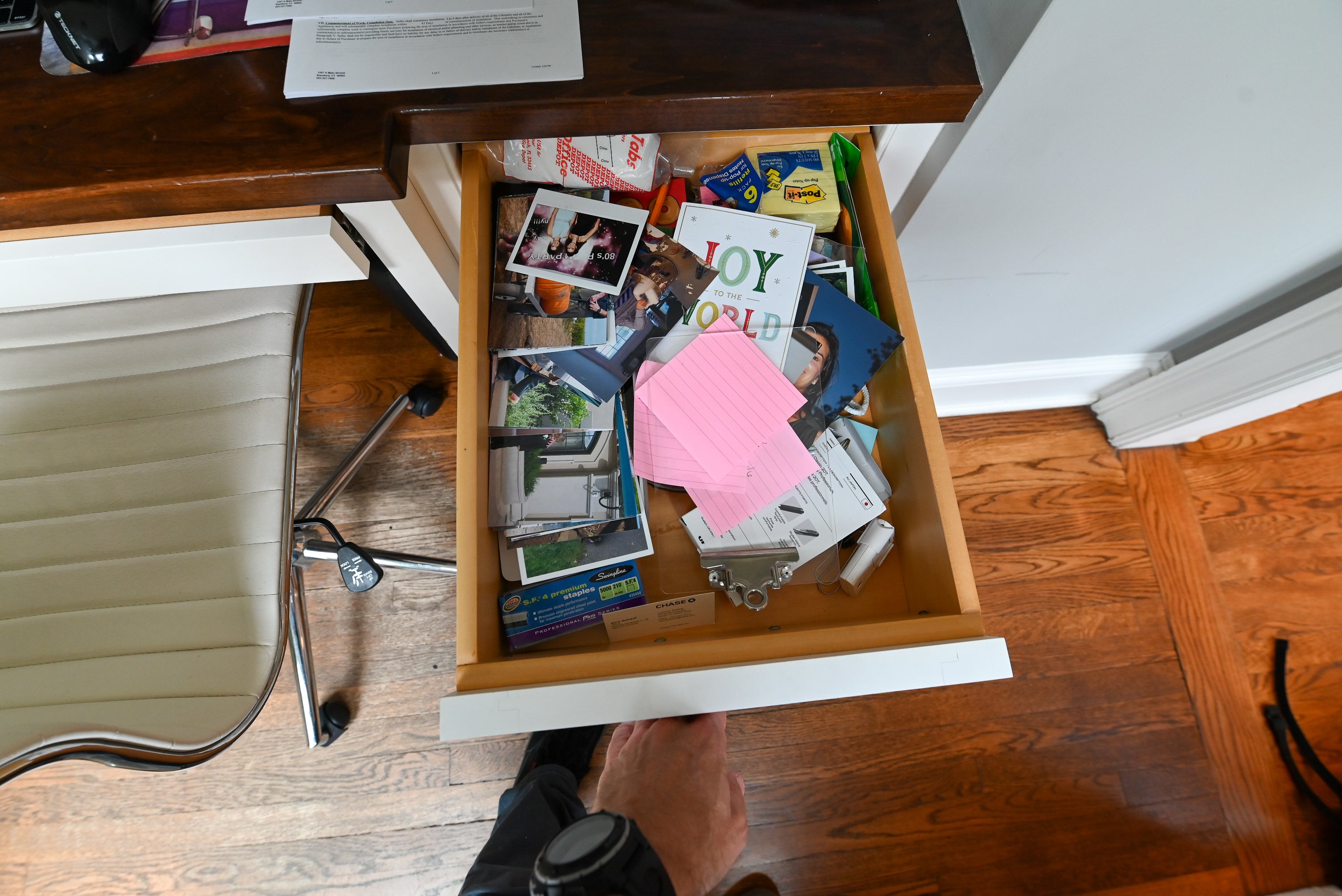 Custom Transitional White Built-In Desk System with Wood Top