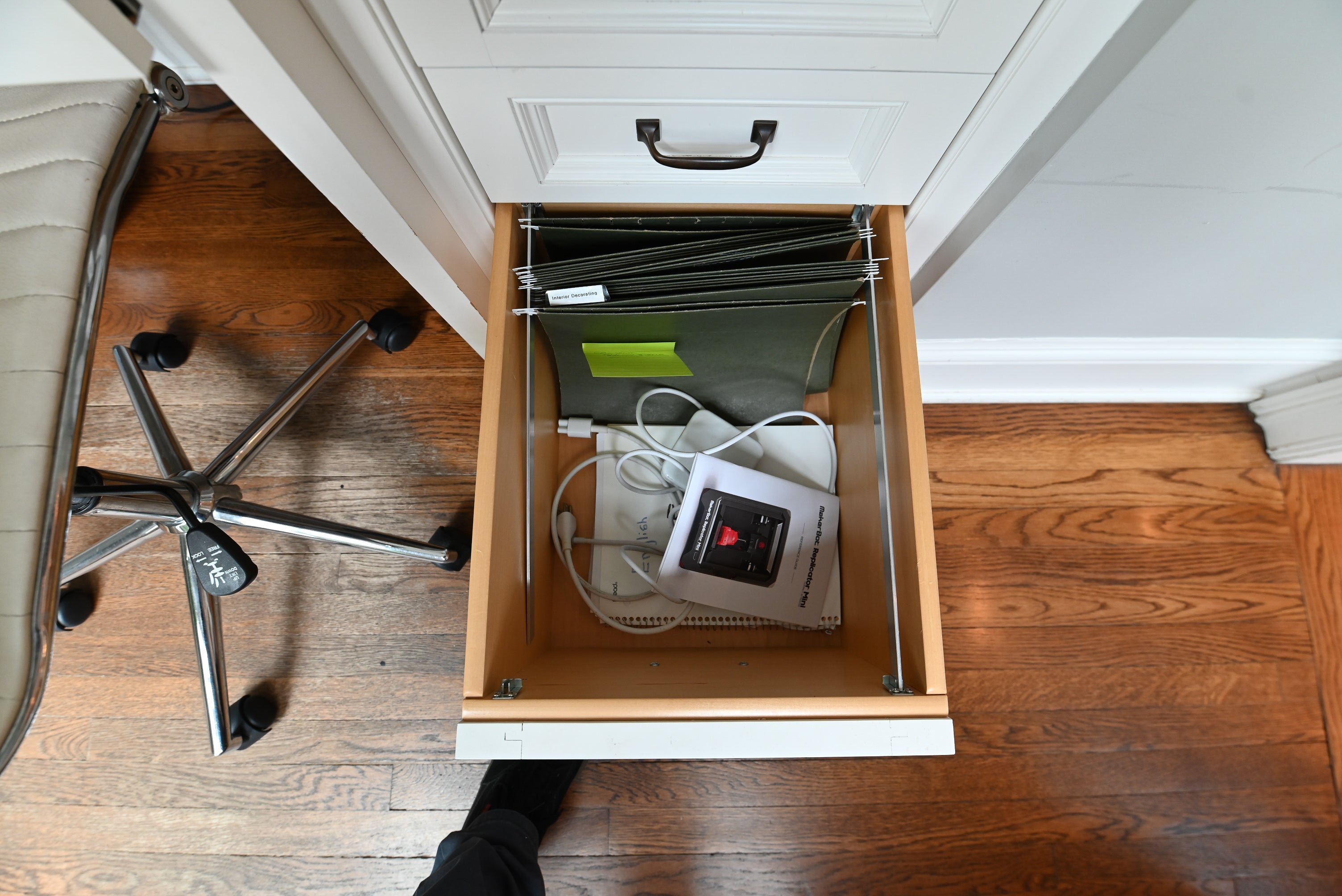 Custom Transitional White Built-In Desk System with Wood Top