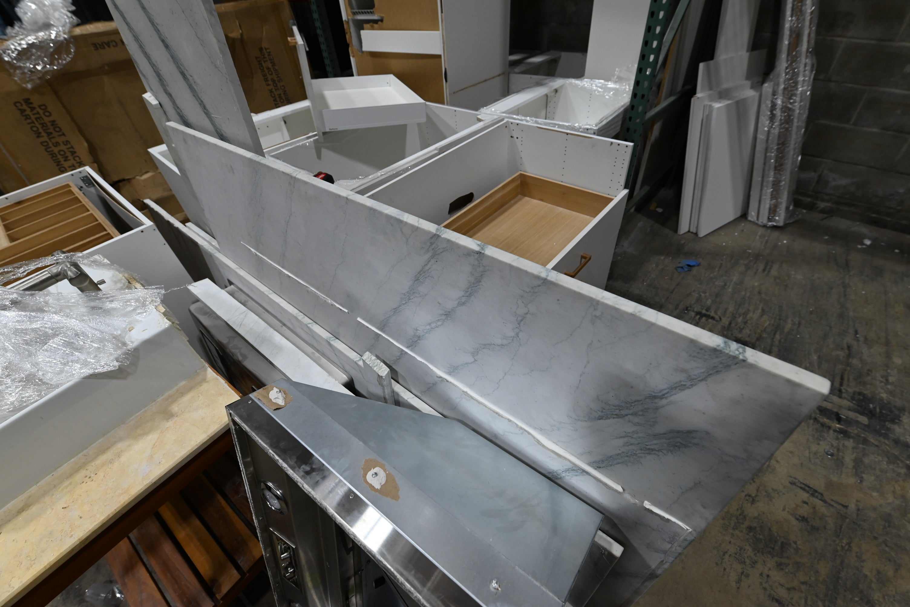 Reform Modern White Partial Kitchen Cabinets with Marble Countertop, Sink and Faucet